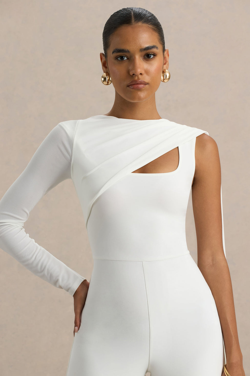 Graces | White High-Neck Jumpsuit With Cape Sleeve