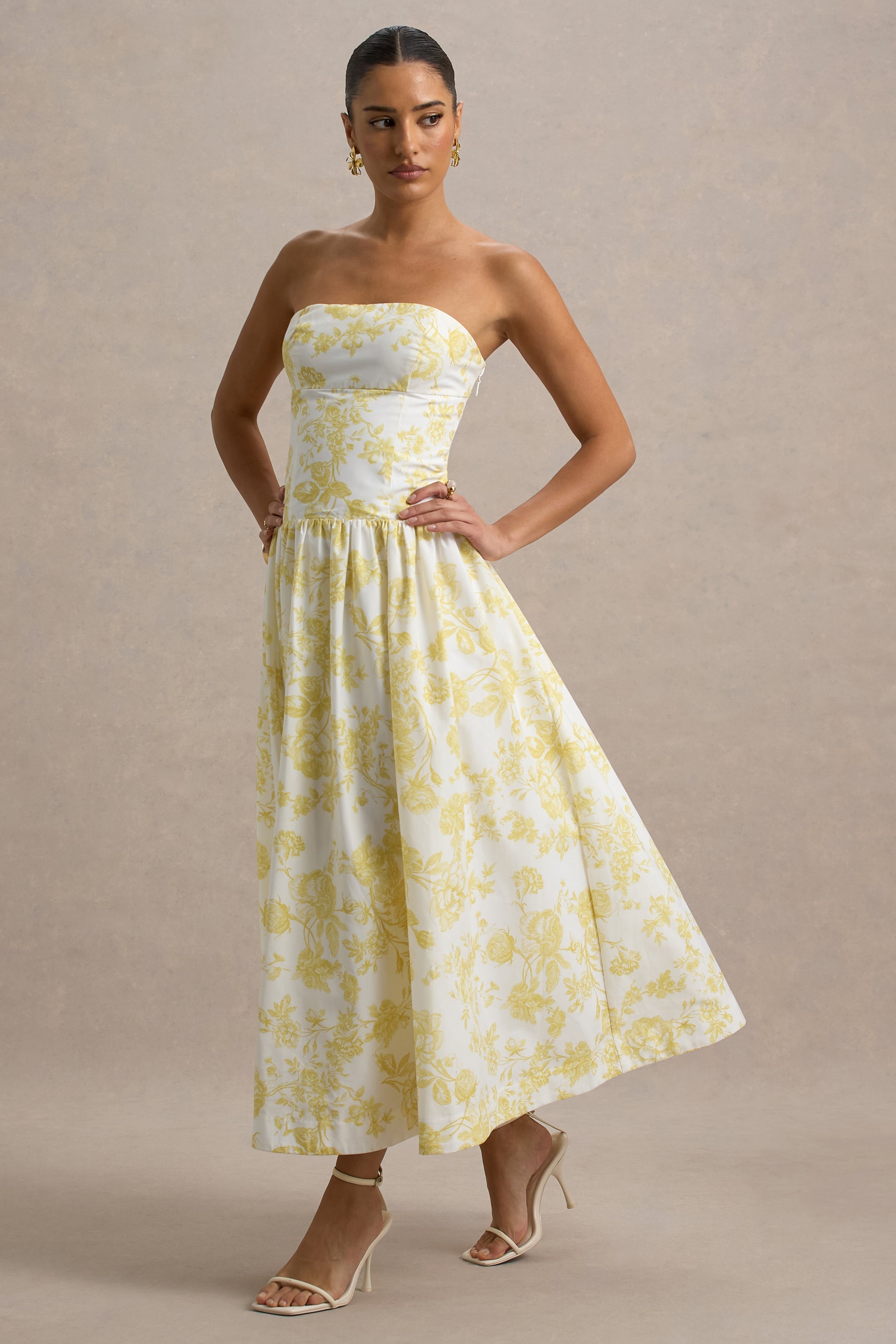 Bluebell | Lemon Porcelain Print Poplin Bandeau Drop-Waist Midi Dress