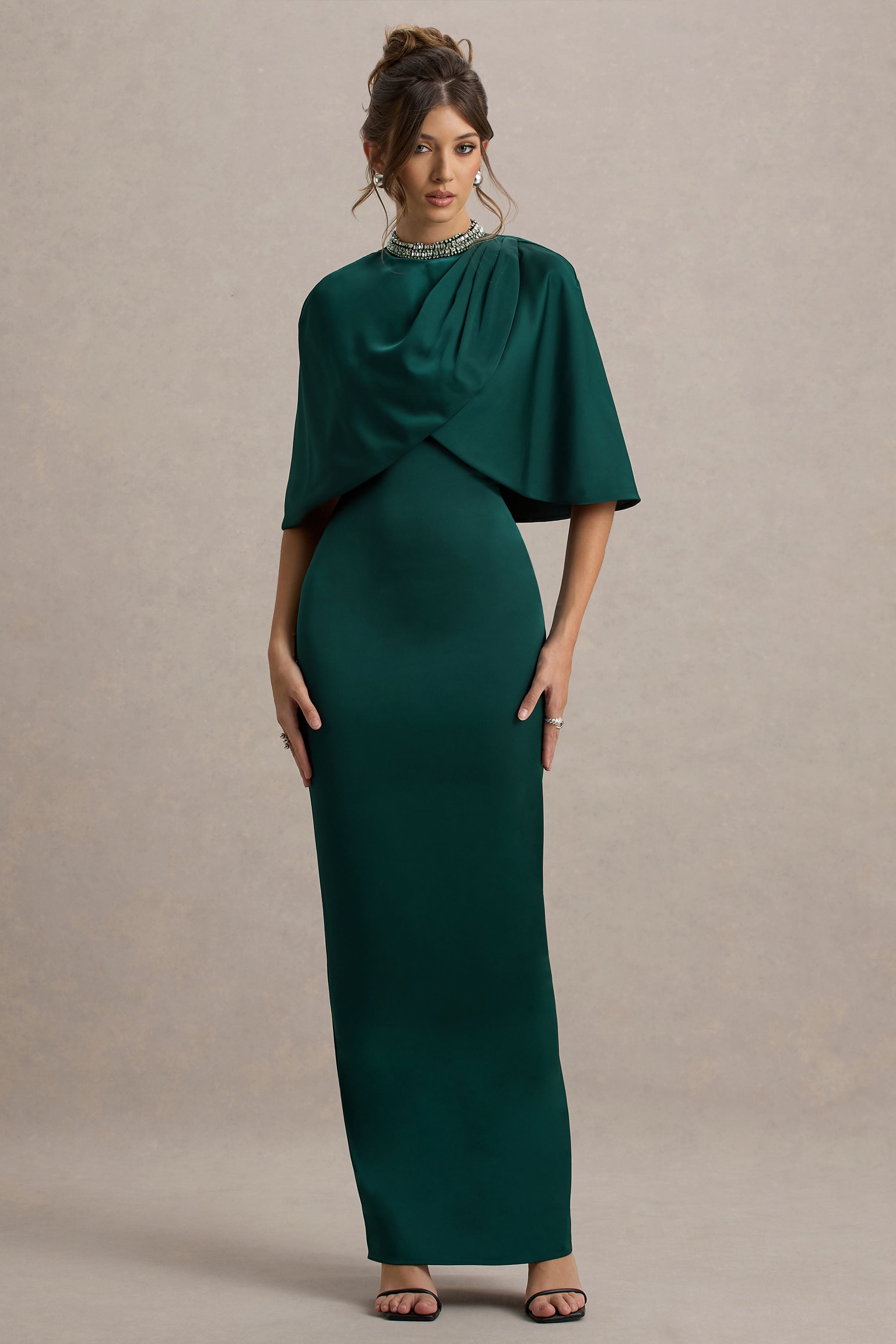 Diletta | Bottle Green Cape Maxi Dress