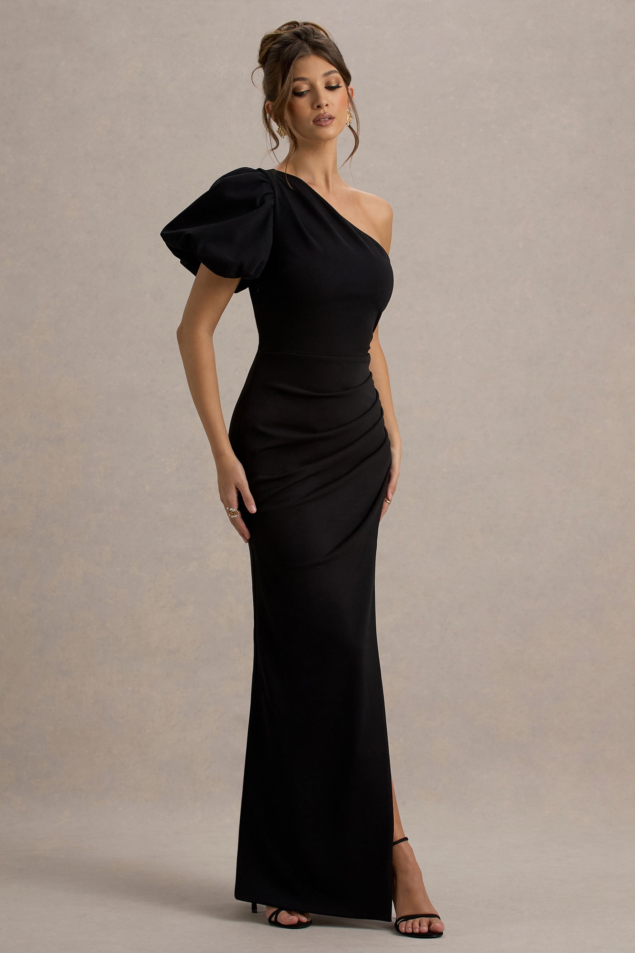 Vittoria | Black Asymmetric Puff-Sleeve Split Maxi Dress