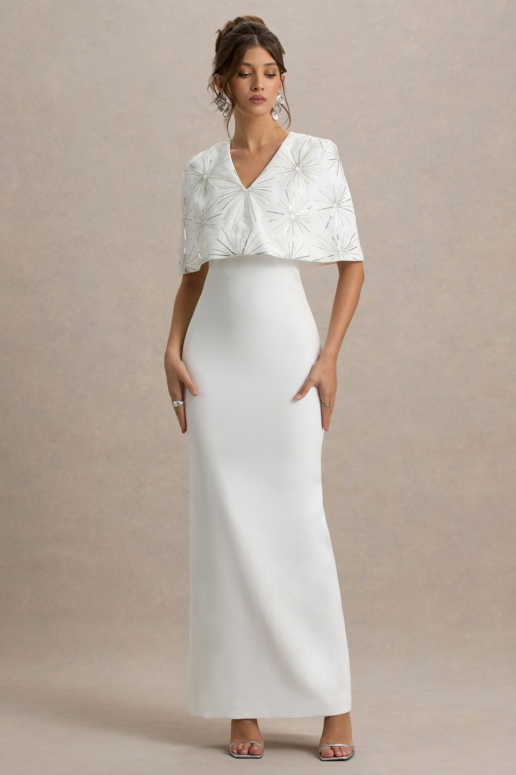 Agnella | White Embellished V-Neck Maxi Dress