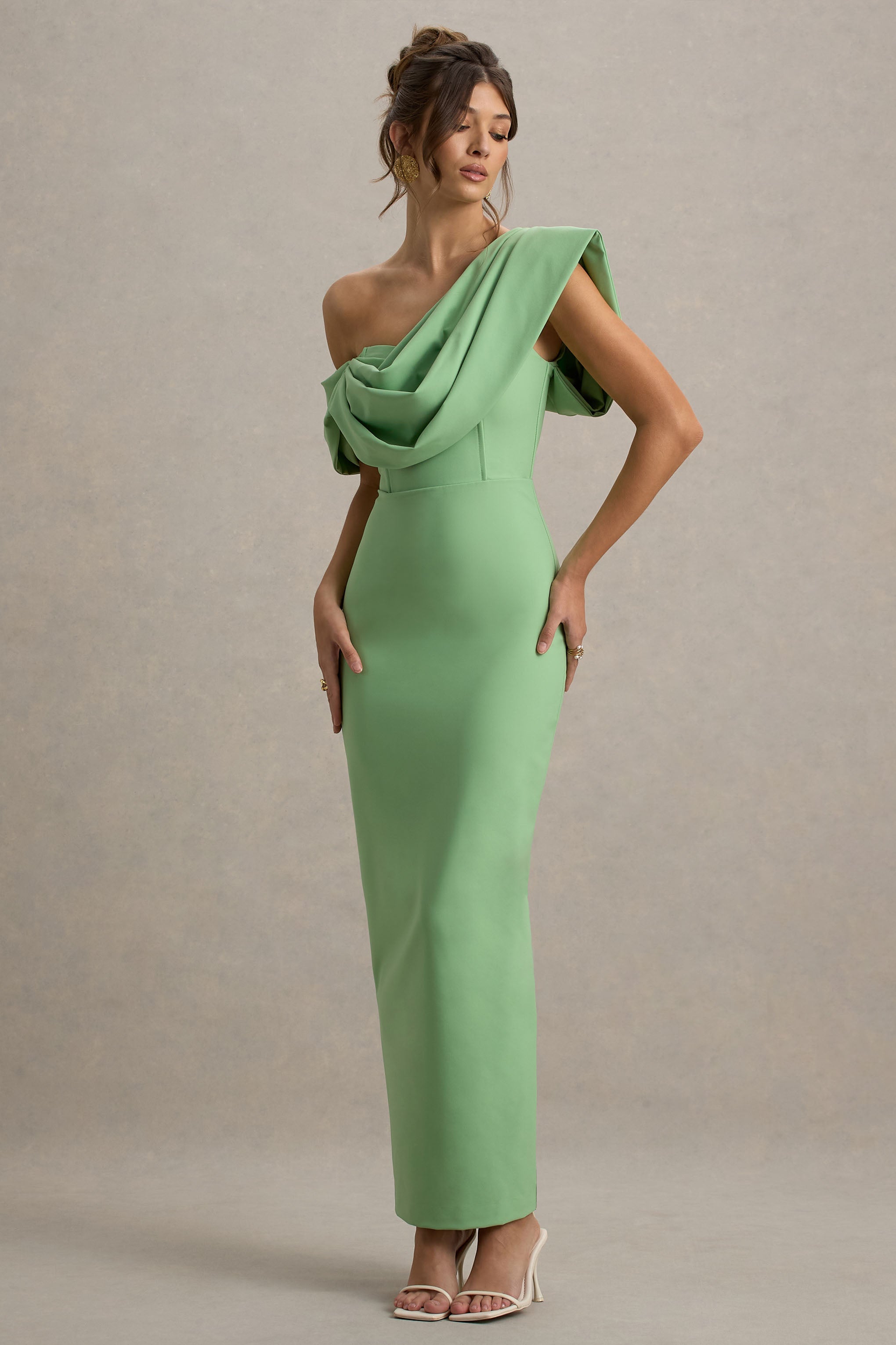 Angelina | Green Draped Shoulder Maxi Dress
