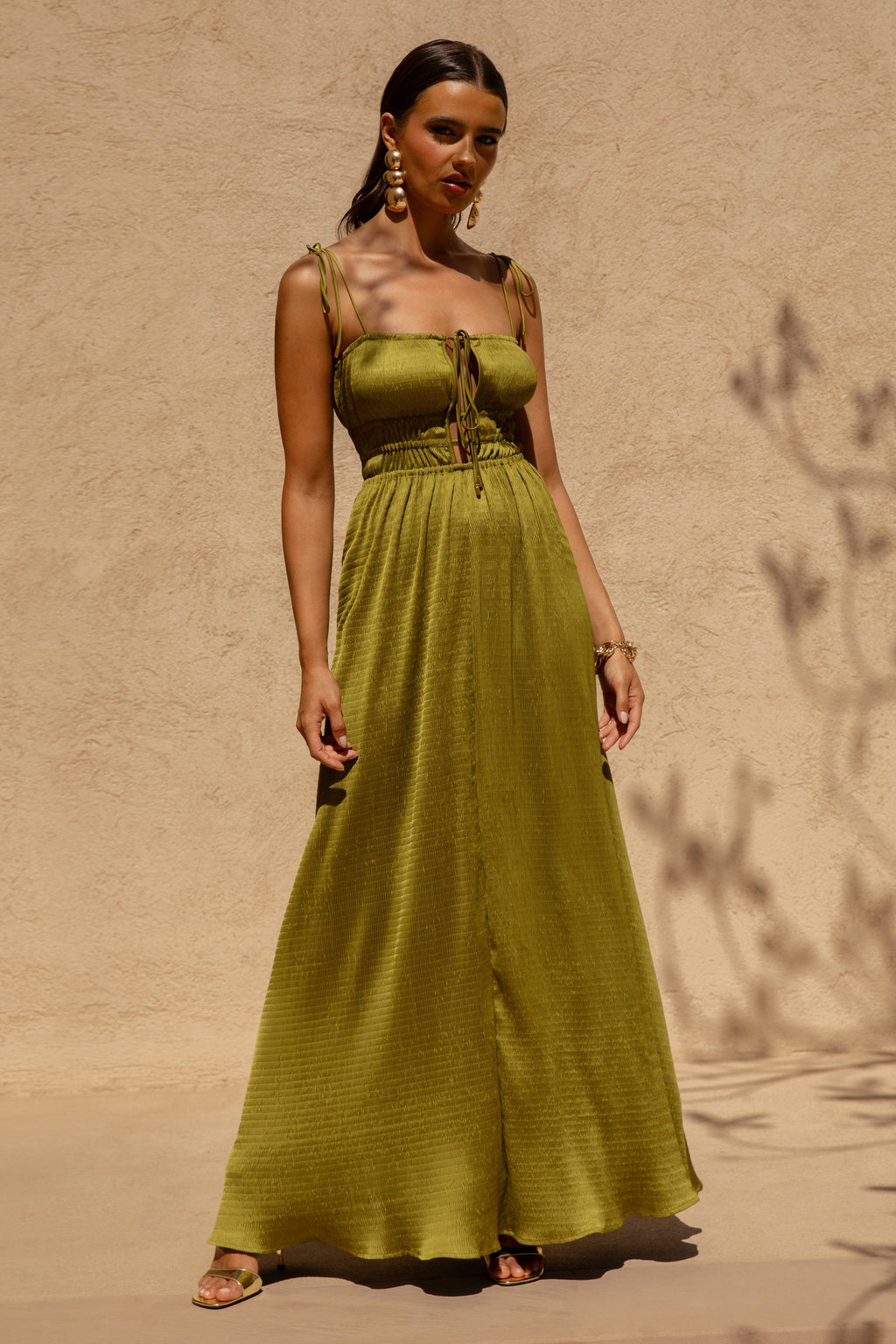 Azalea | Green Square-Neck Maxi Dress With Chest Cut-Out And Pleated Detailing