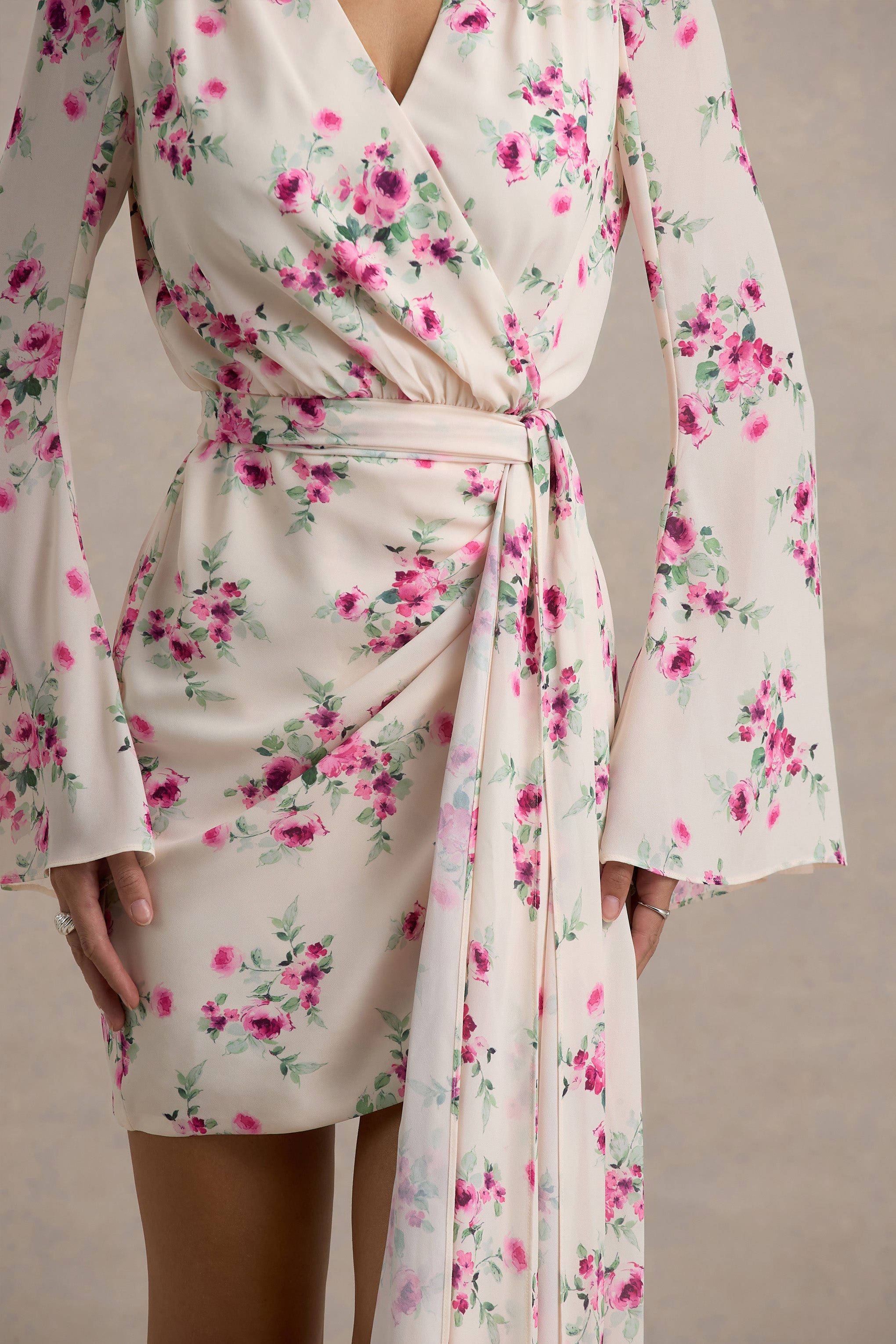 Goldie | Cream Floral Print Chiffon Long-Sleeve Wrap Mini Dress