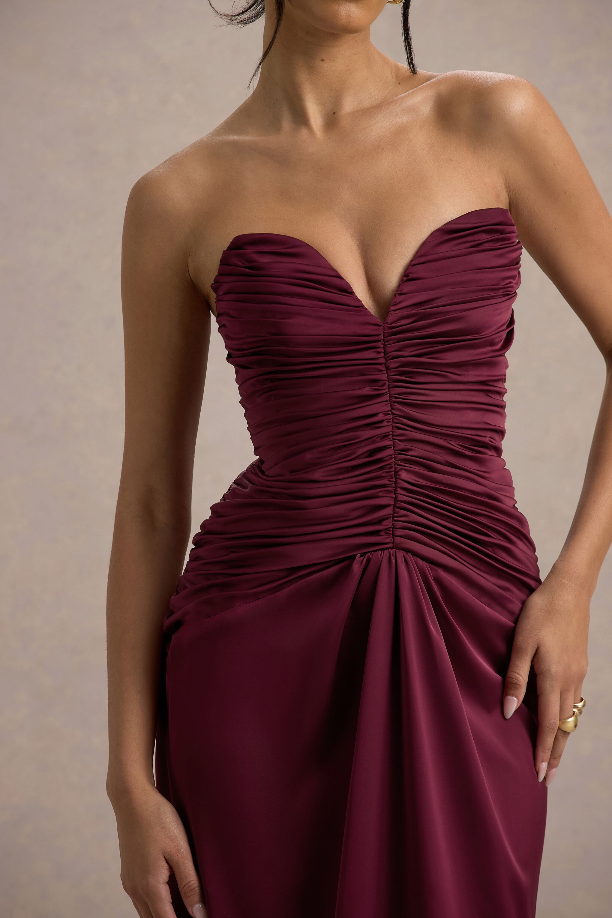 Desirie | Burgundy Satin Sweetheart Gathered Maxi Dress