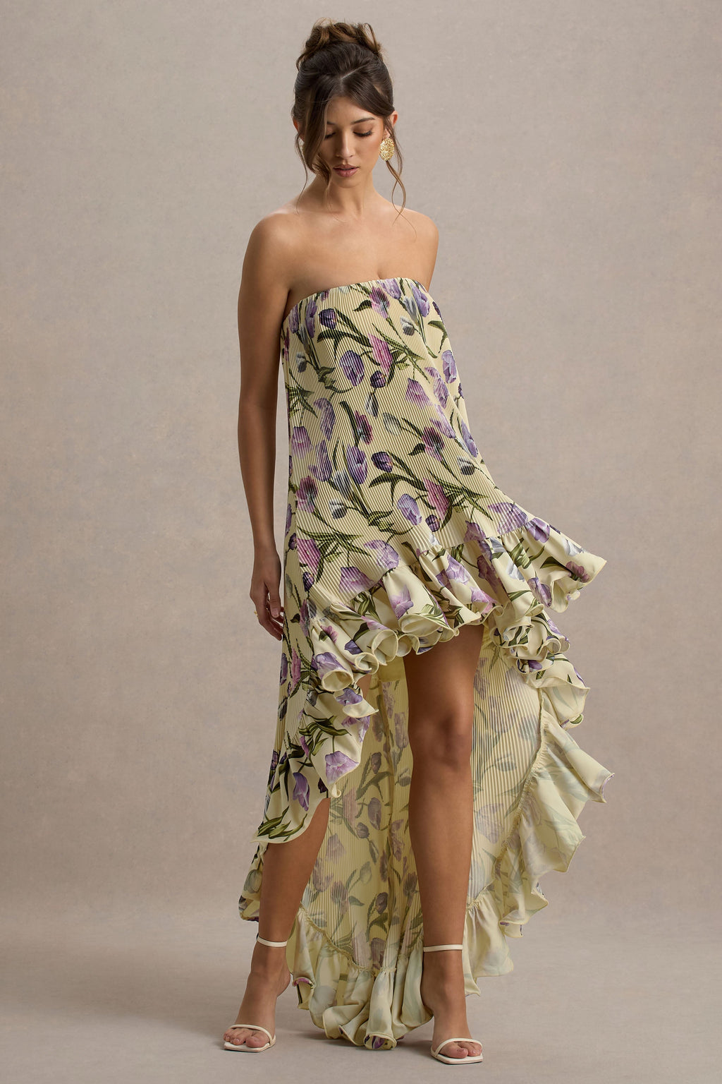 Whistler | Tulip Floral Print Chiffon Bandeau High-Low Ruffled Maxi Dress