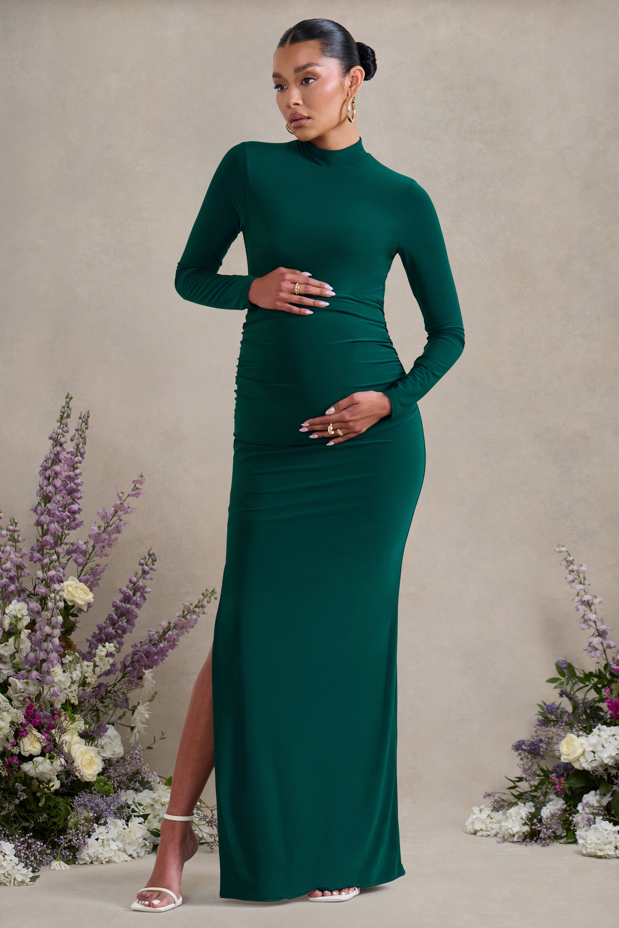 Alejandra | Green Maternity Long Sleeve High Neck Maxi Dress