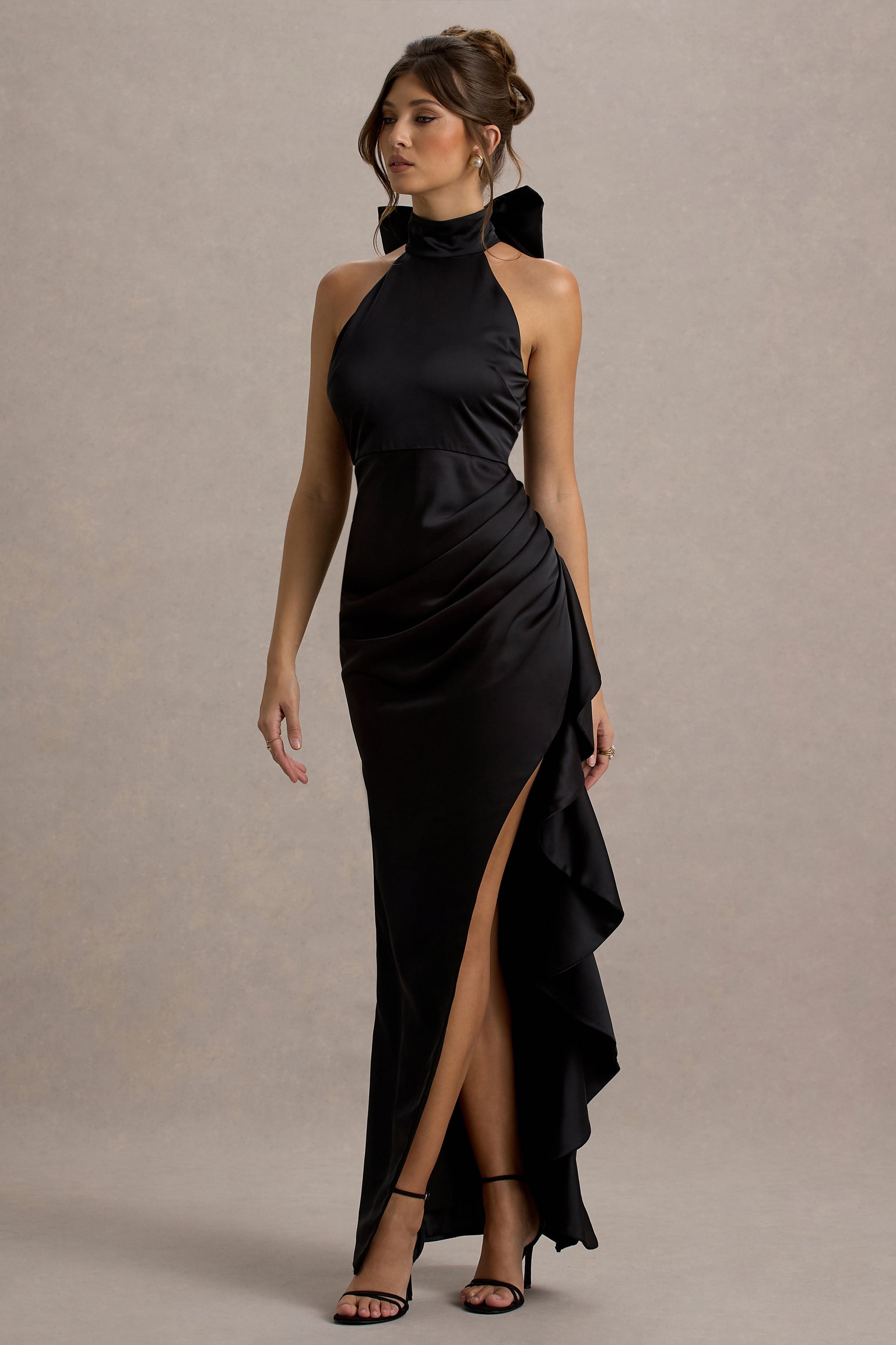 Maureen | Black Satin High-Neck Draped Maxi Dress