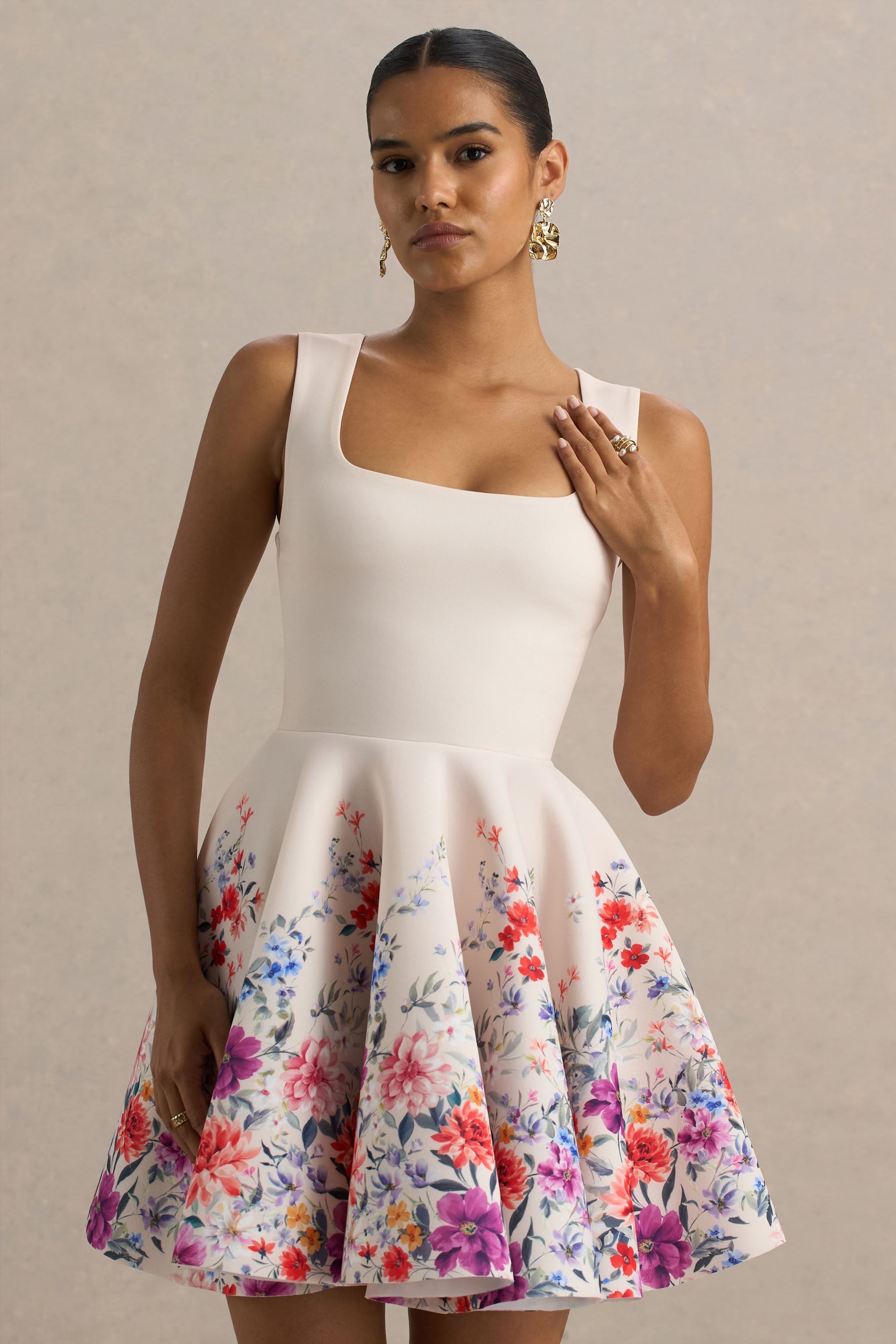 Gemstone | Light Pink Floral Print Square-Neck Skater Mini Dress