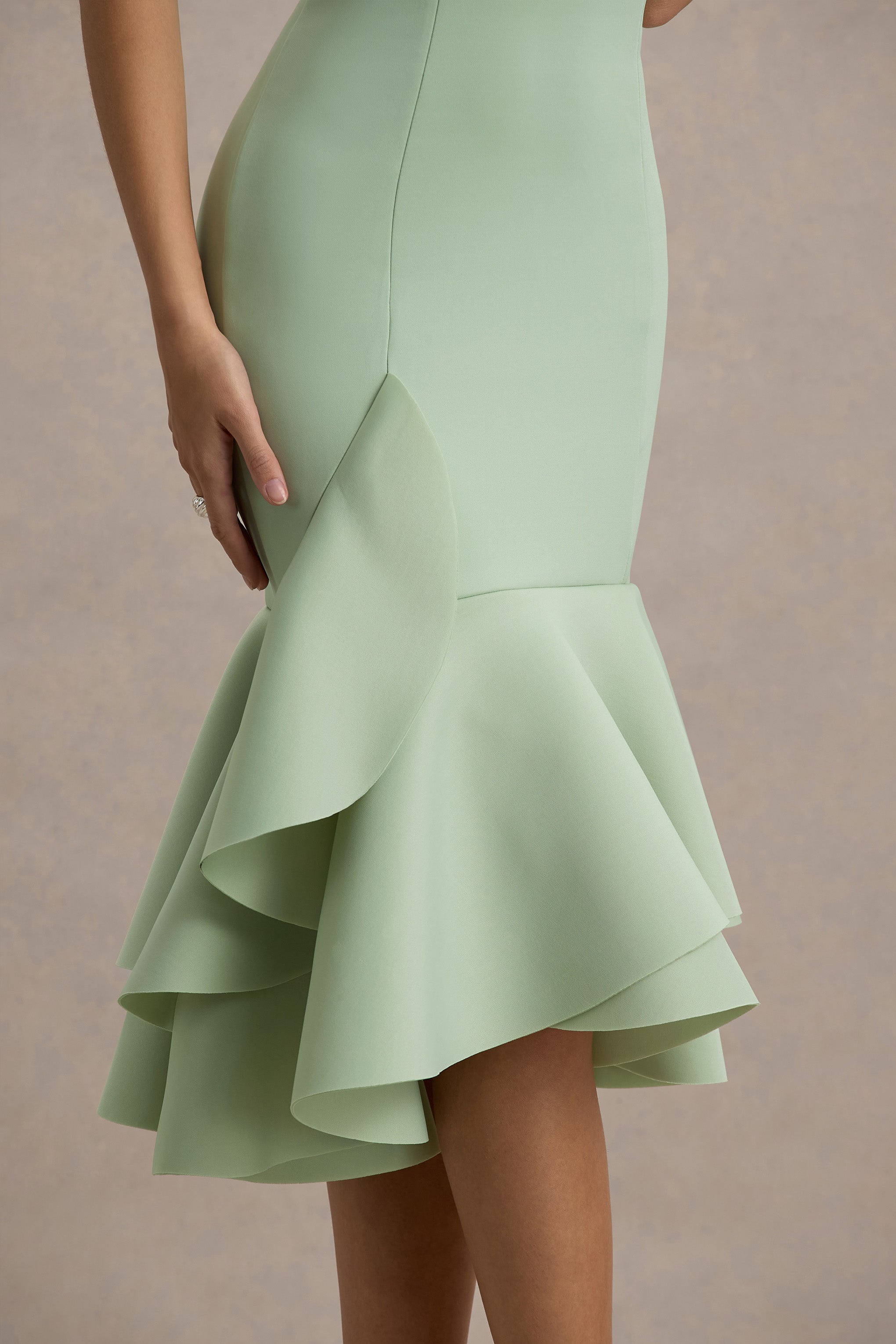 Arla | Light Green Halter Neck Ruffle Trim Midi Dress