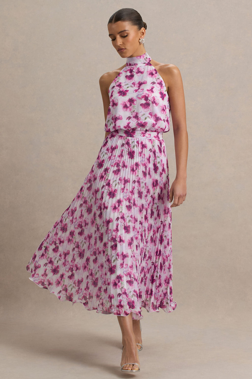 Refractive | Purple Floral Print Satin Maxi Dress With Halter-Neck and Pleated Skirt