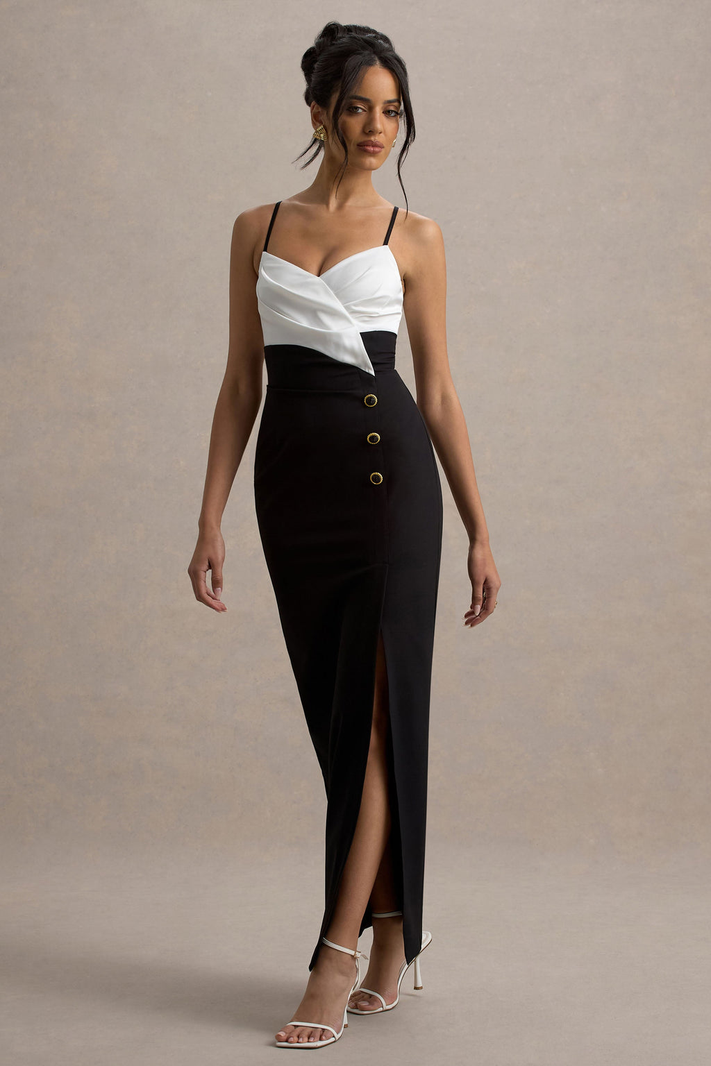 Rosalind | Black & White Strappy Tailored Maxi Dress With Split