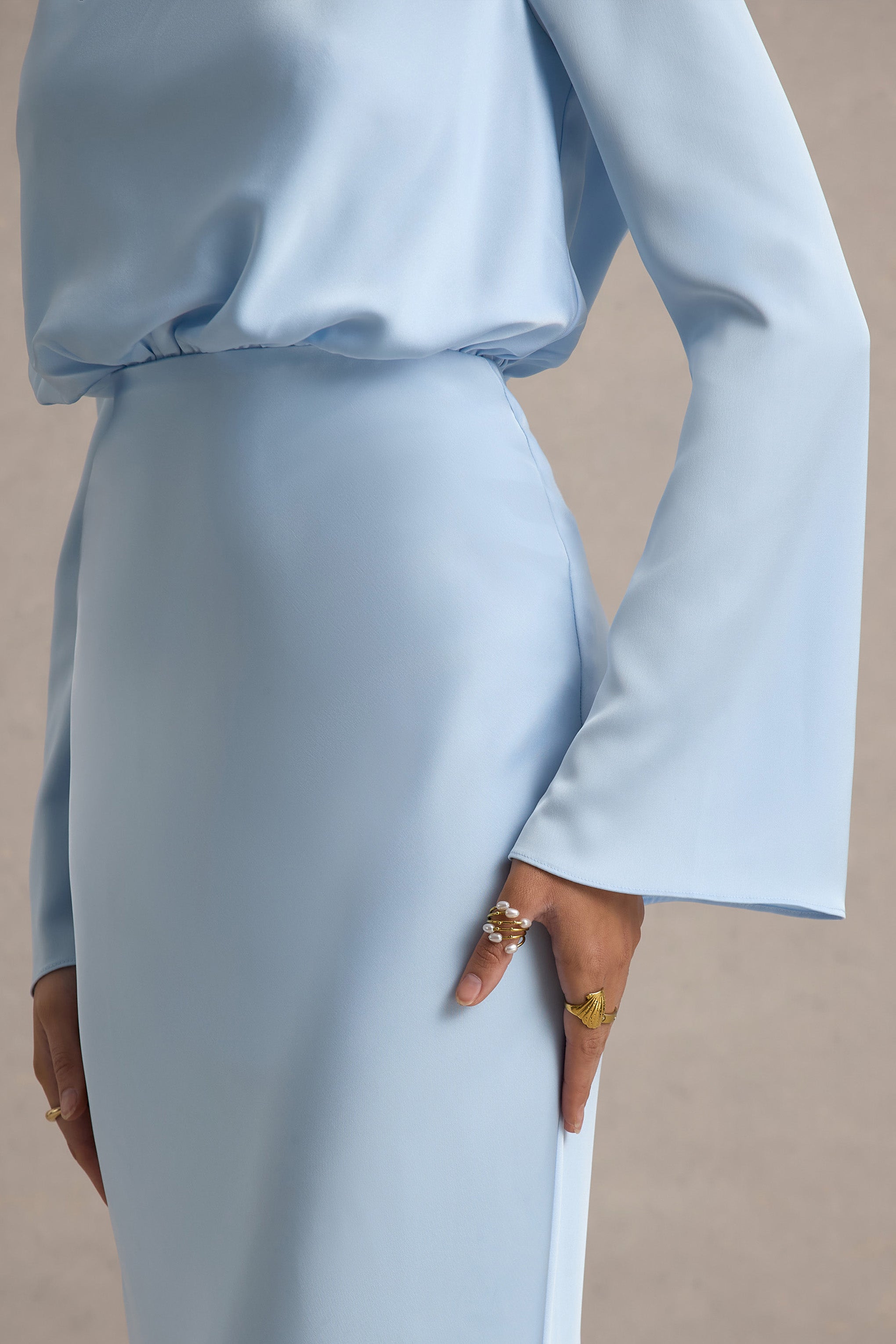 Celina | Powder Blue Satin High-Neck Maxi Dress