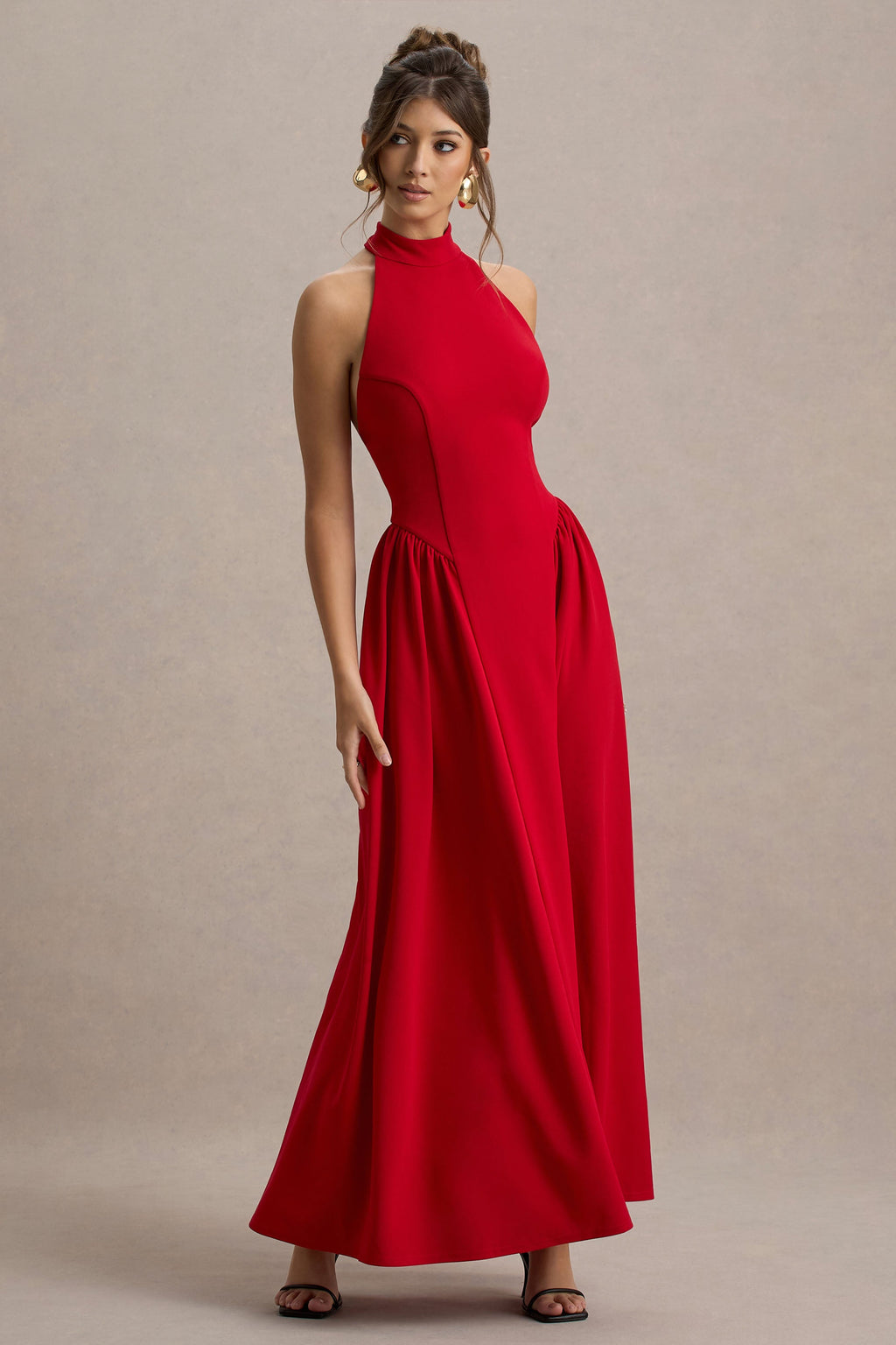 Cynthia | Red High-Neck Maxi Dress With Volume Skirt