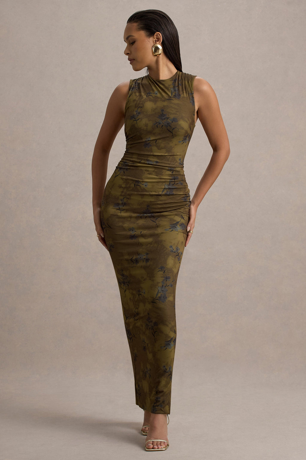 Jacinda | Khaki Floral Print Bodycon Maxi Dress