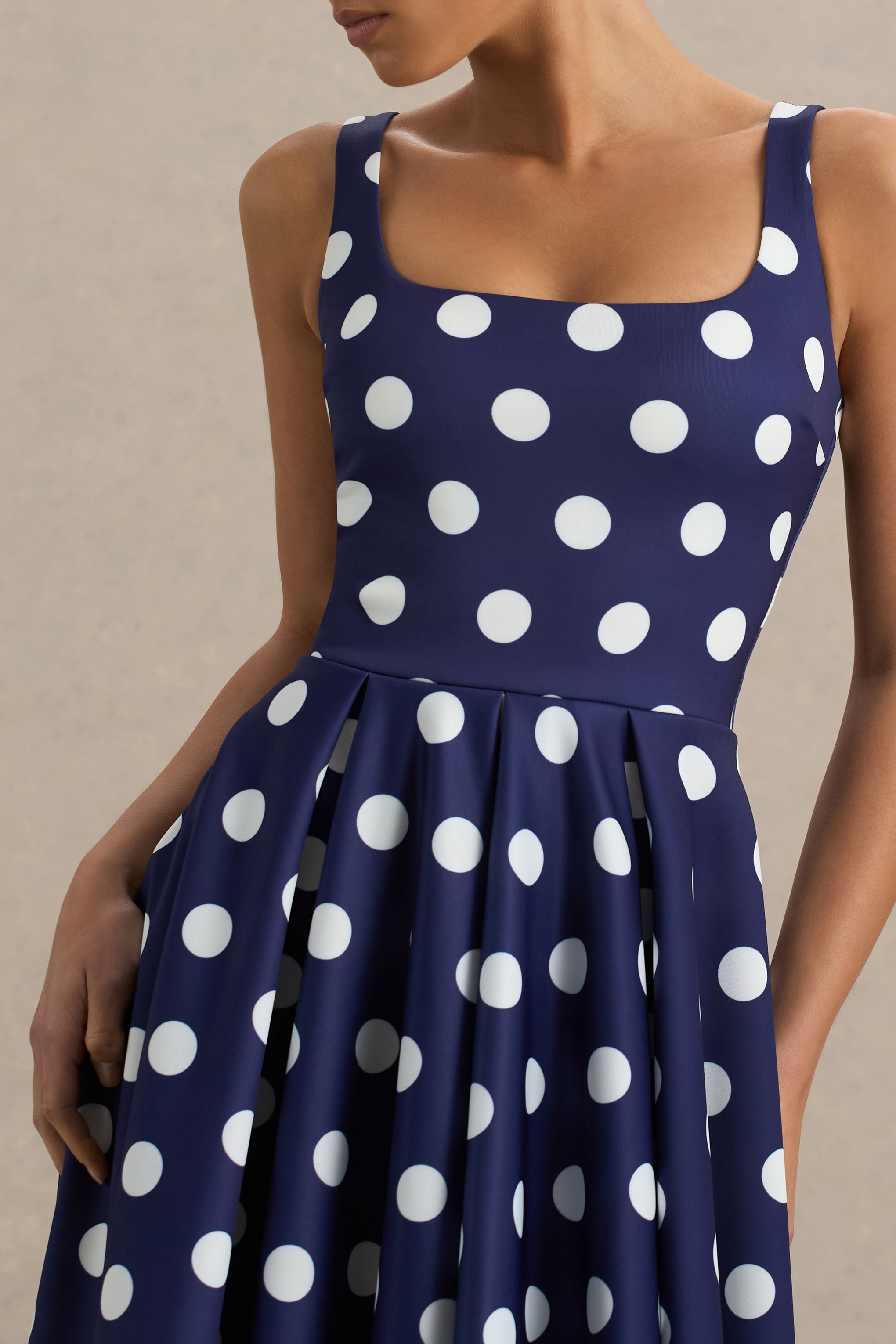 Berta | Navy And White Polka-Dot Square-Neck Midi Dress