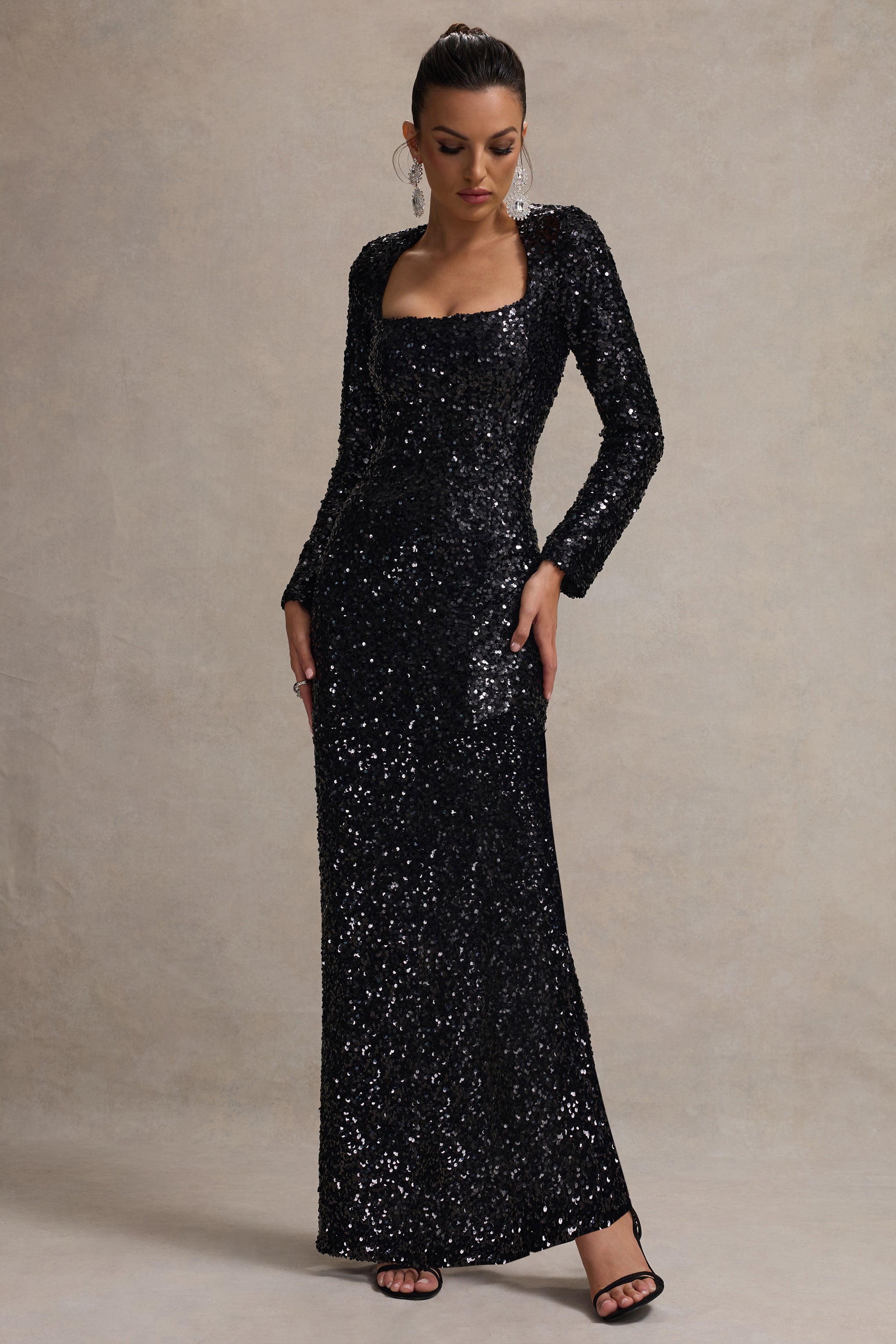 My Dream | Black Sequin Square-Neck Long-Sleeve Maxi Dress