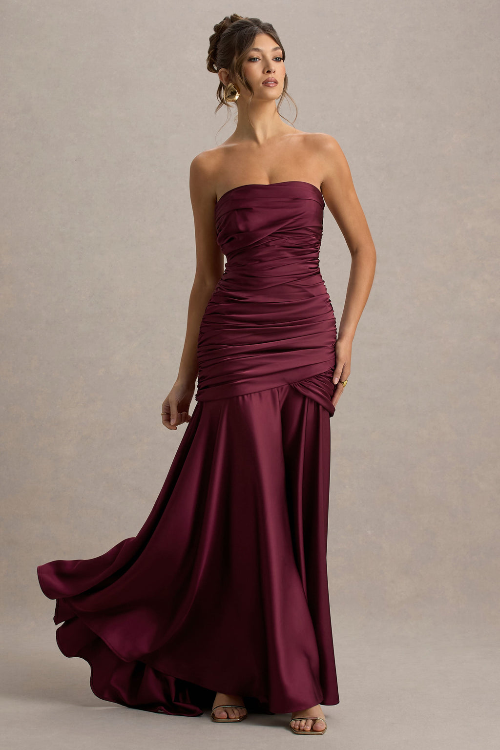 Cassidy | Burgundy Satin Bandeau Gathered Maxi Dress