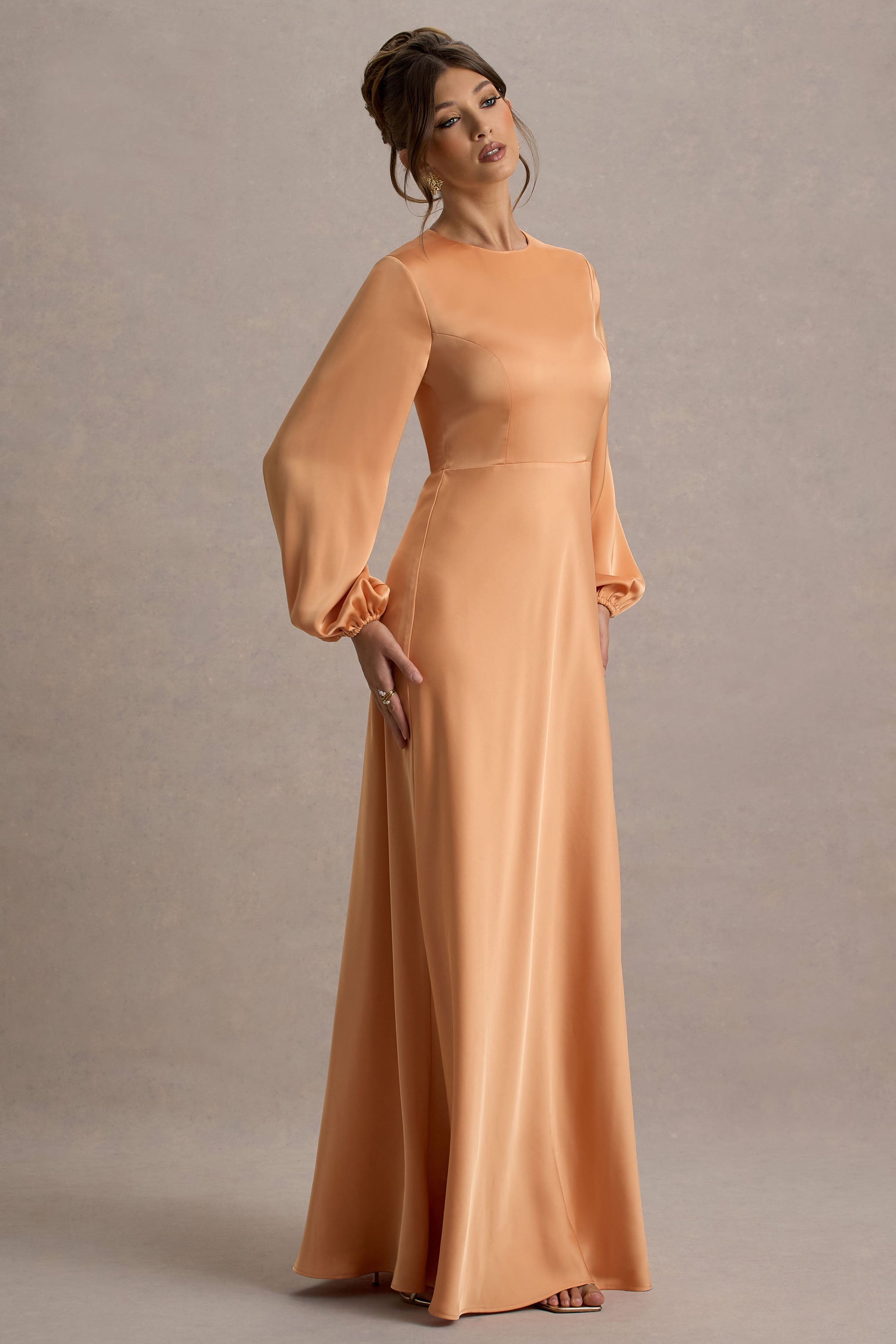 Crawley | Peach Satin Puff-Sleeve Maxi Dress