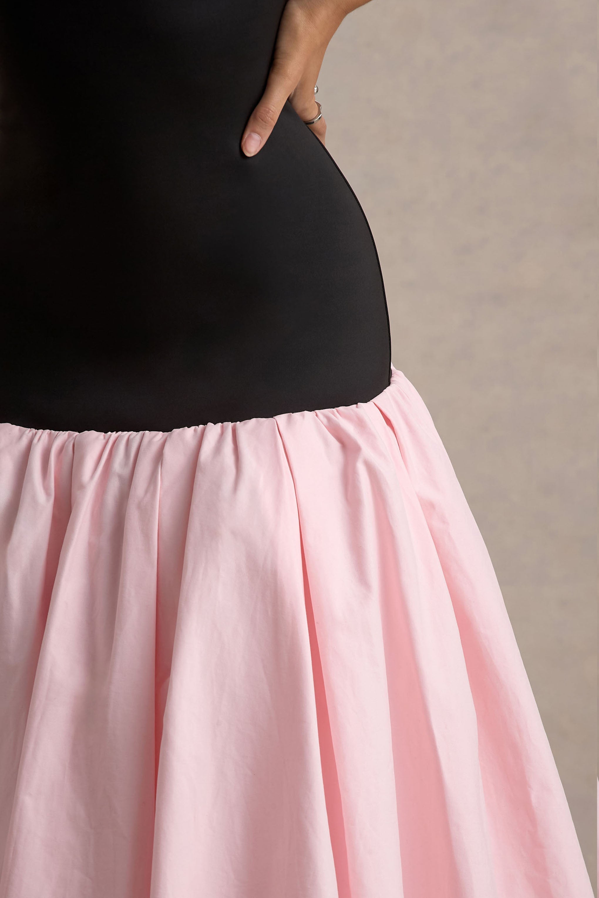 Parida | Black & Pink Poplin Drop-Waist Midi Dress With Peplum Hem