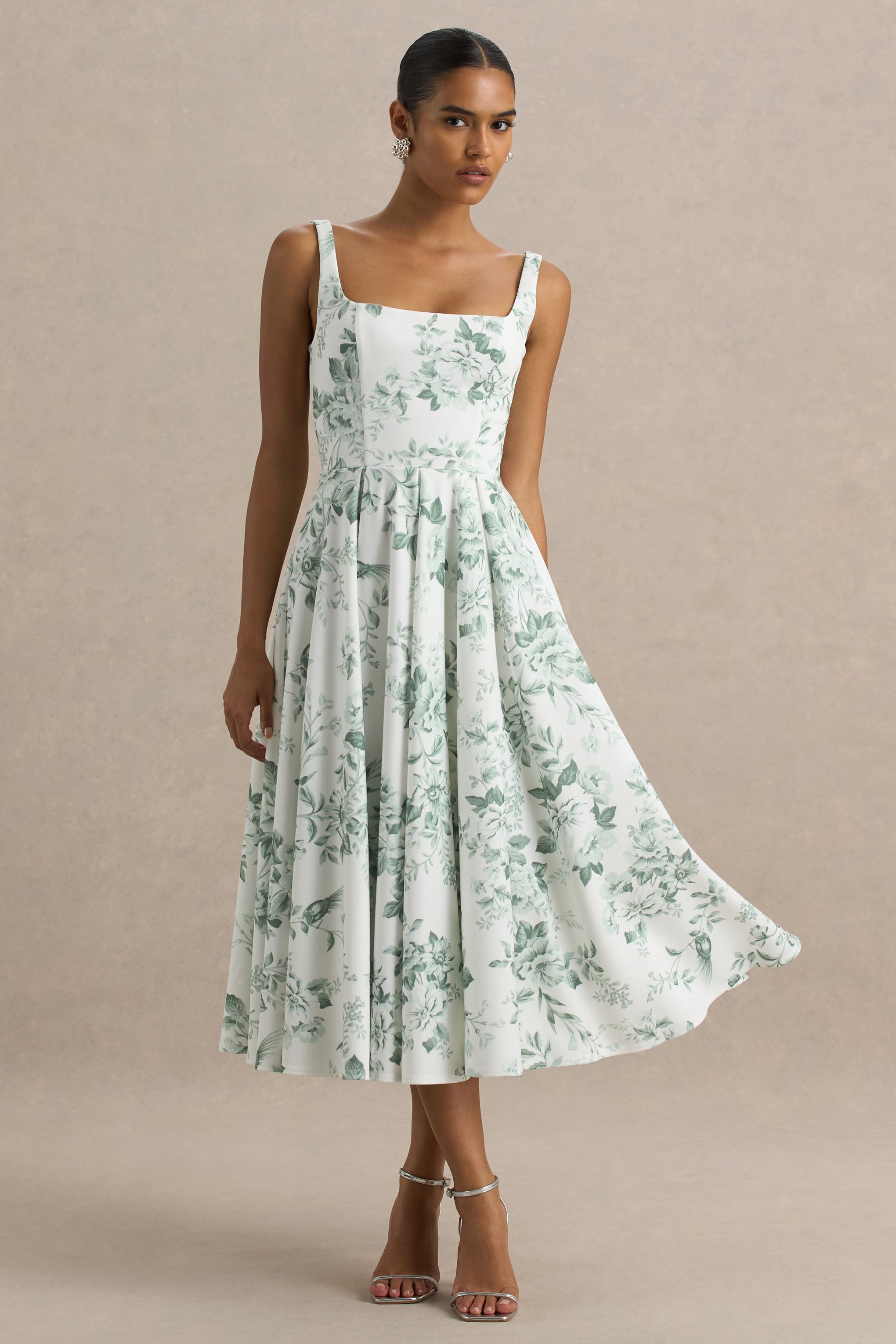 Lissa | Green Porcelain Print Square-Neck Midi Dress