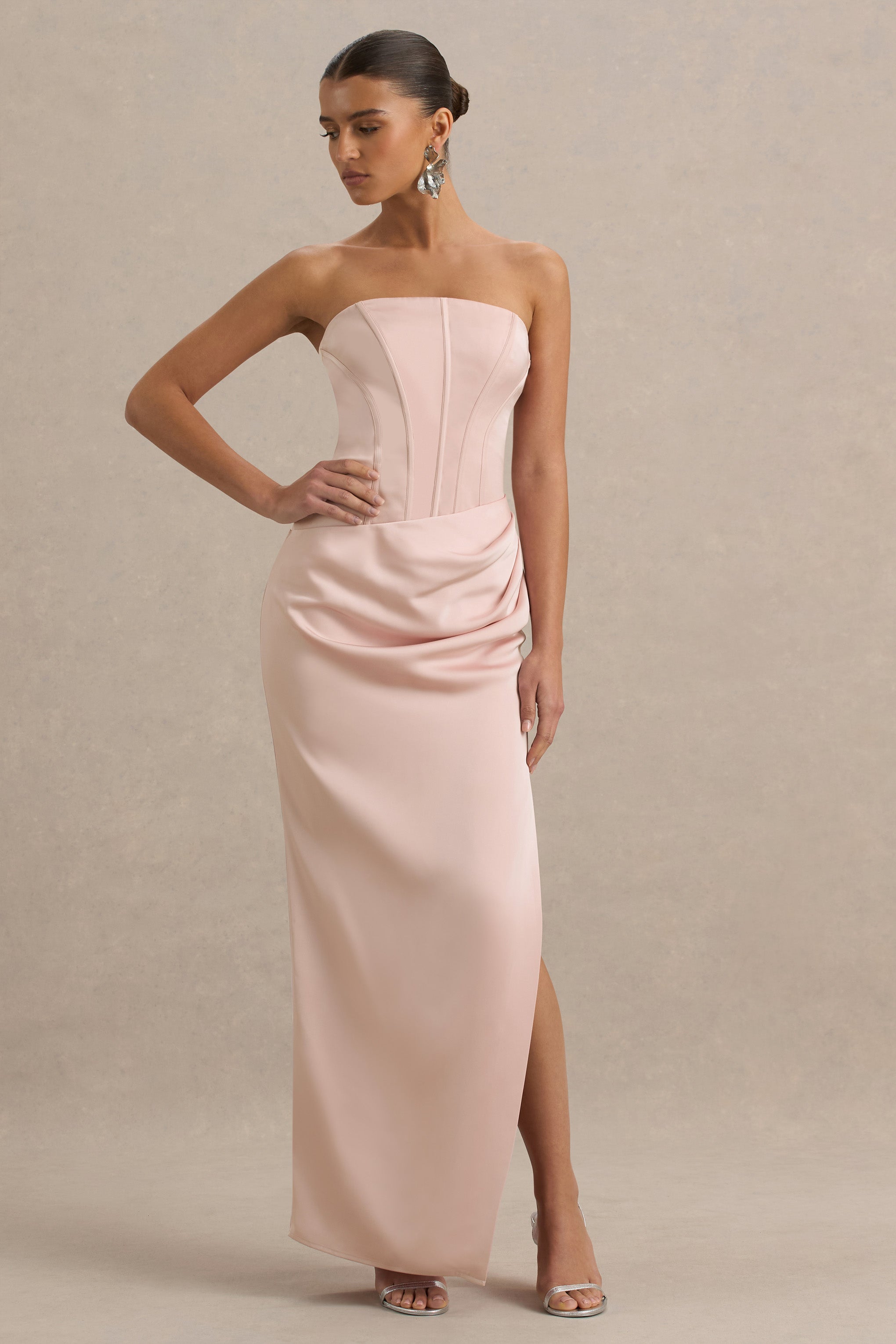 Joseline | Pale Pink Satin Corset Wrap Maxi Dress With Scarf
