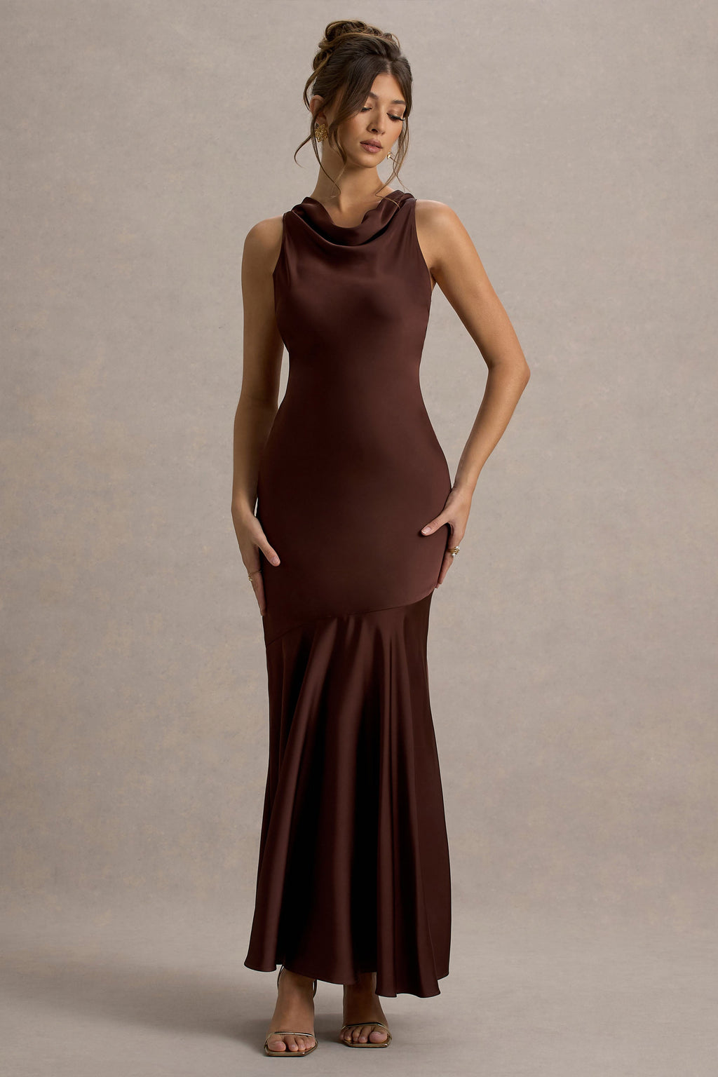 Amelita | Brown Satin Cowl-Neck Maxi Dress