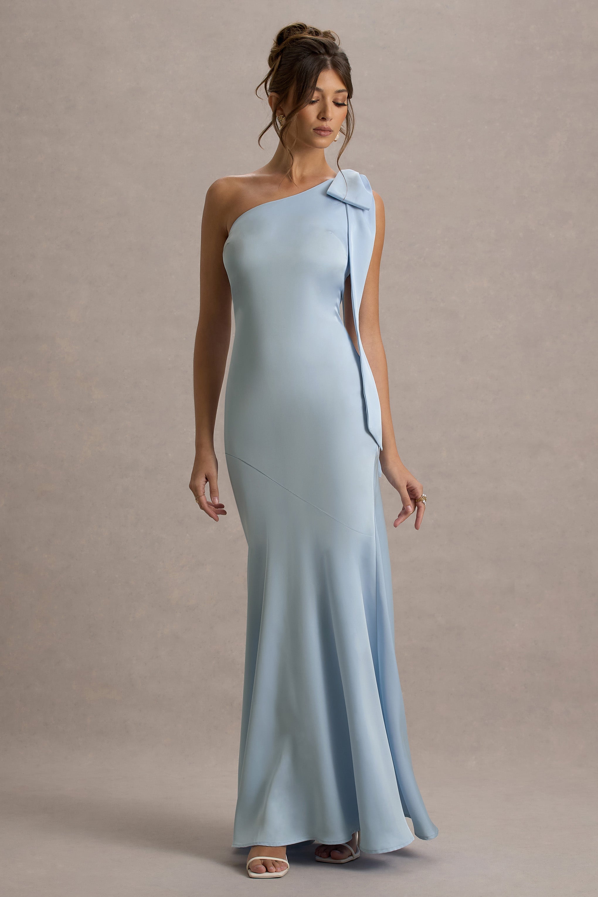 Here For Love | Powder Blue Satin Asymmetric Maxi Dress With Bow