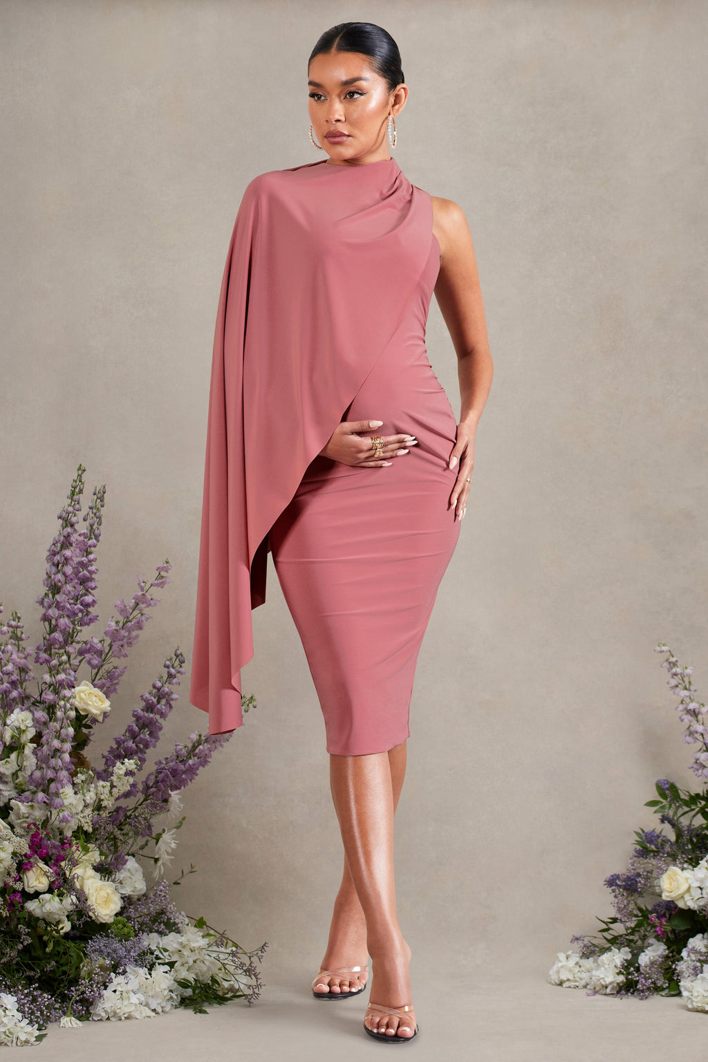 New Chapter | Blush Pink Asymmetric Maternity Midi Dress With Cape