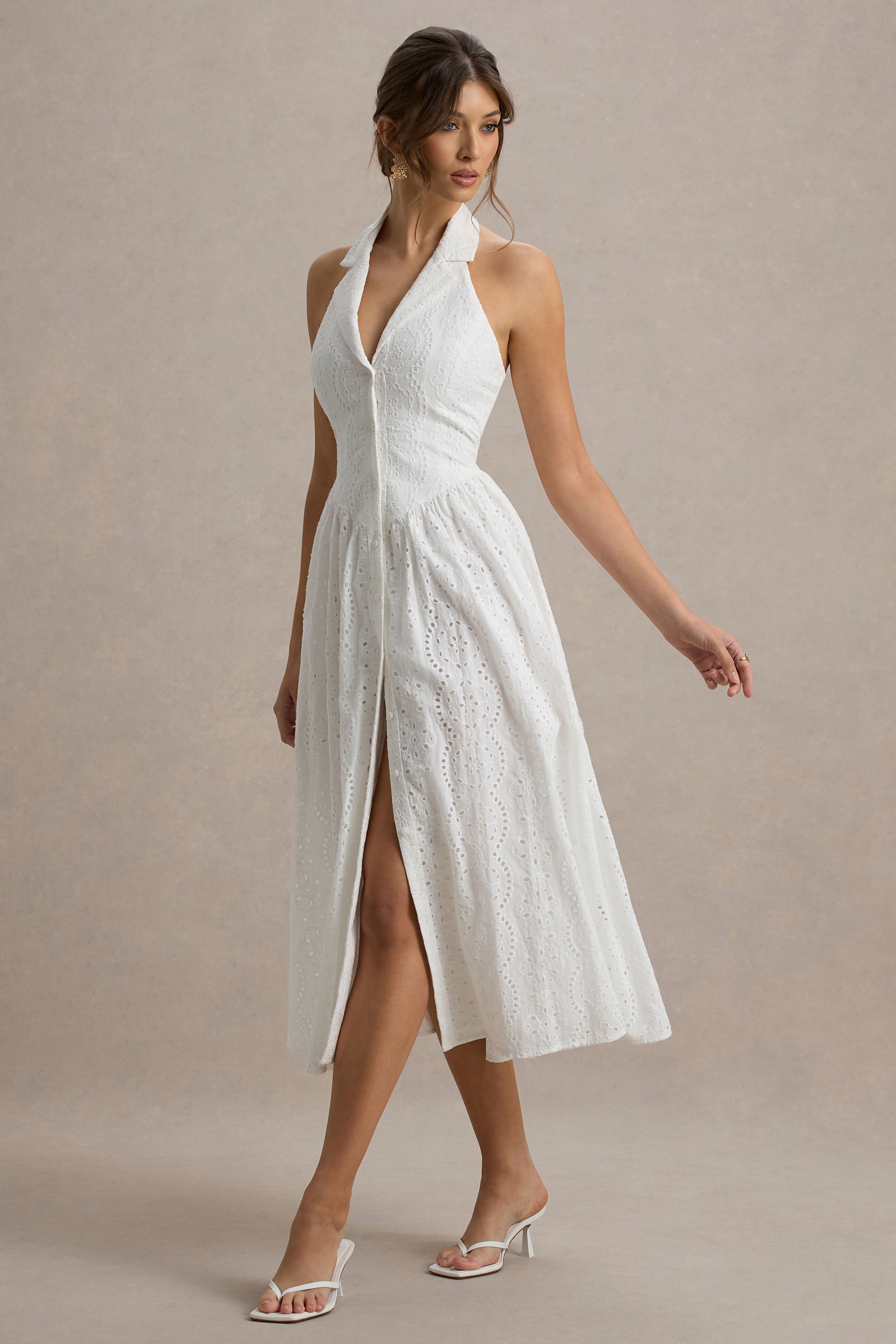 Jezebel | White Lace Plunge-Neck Collared Midi Dress