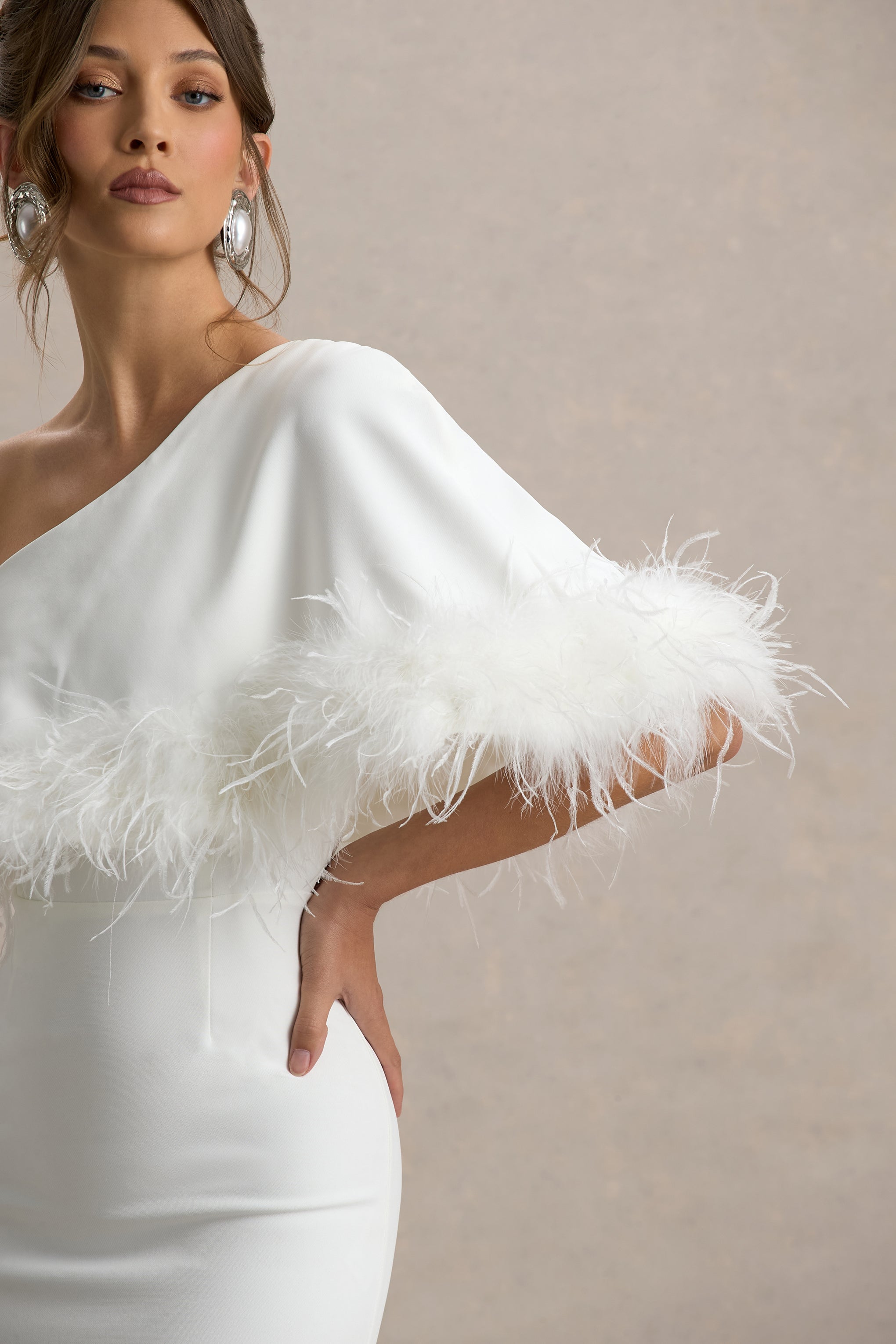 Valor | White Asymmetric Maxi Dress With Feather Trim