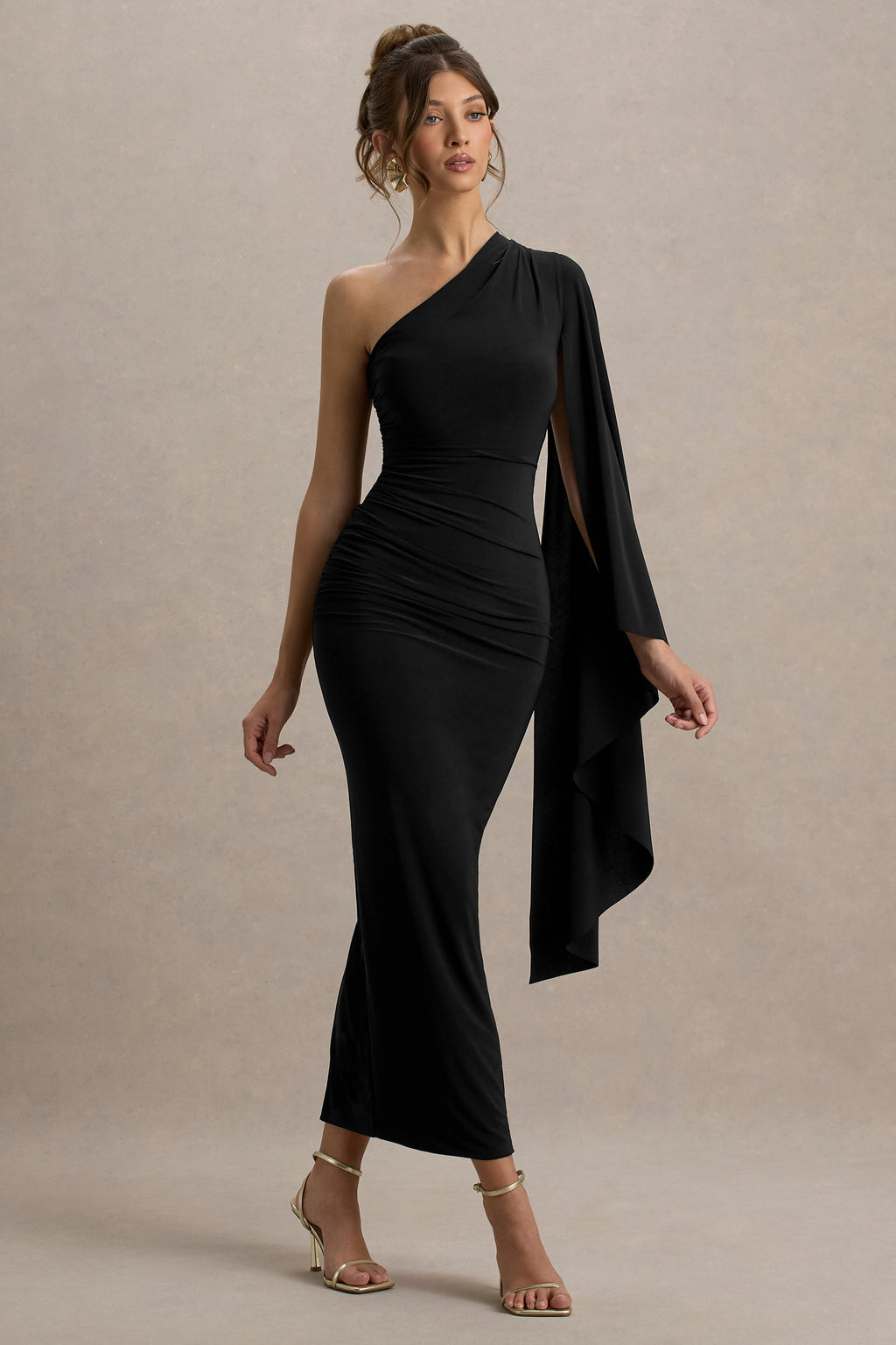 Clementina | Black Asymmetric Cape Sleeve Maxi Dress