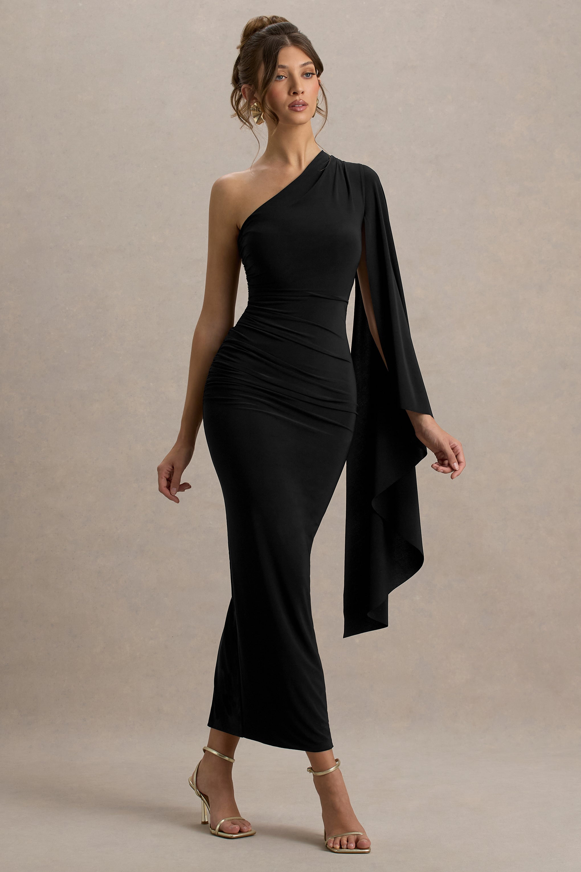 Clementina | Black Asymmetric Cape Sleeve Maxi Dress