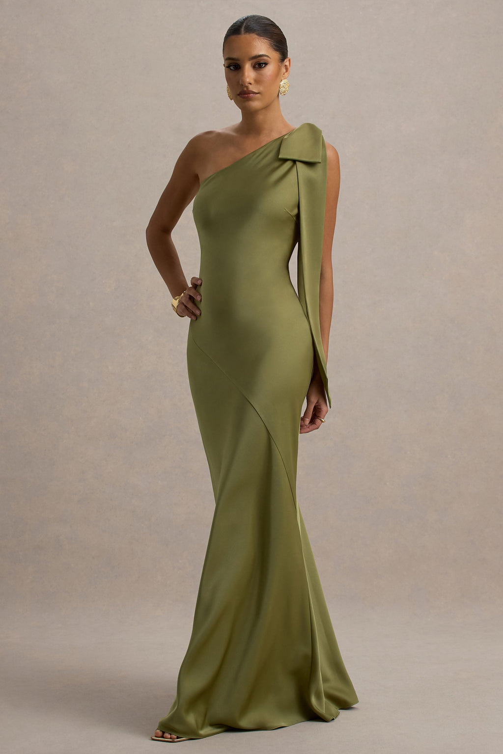 Here For Love | Khaki Satin Asymmetric Maxi Dress With Bow