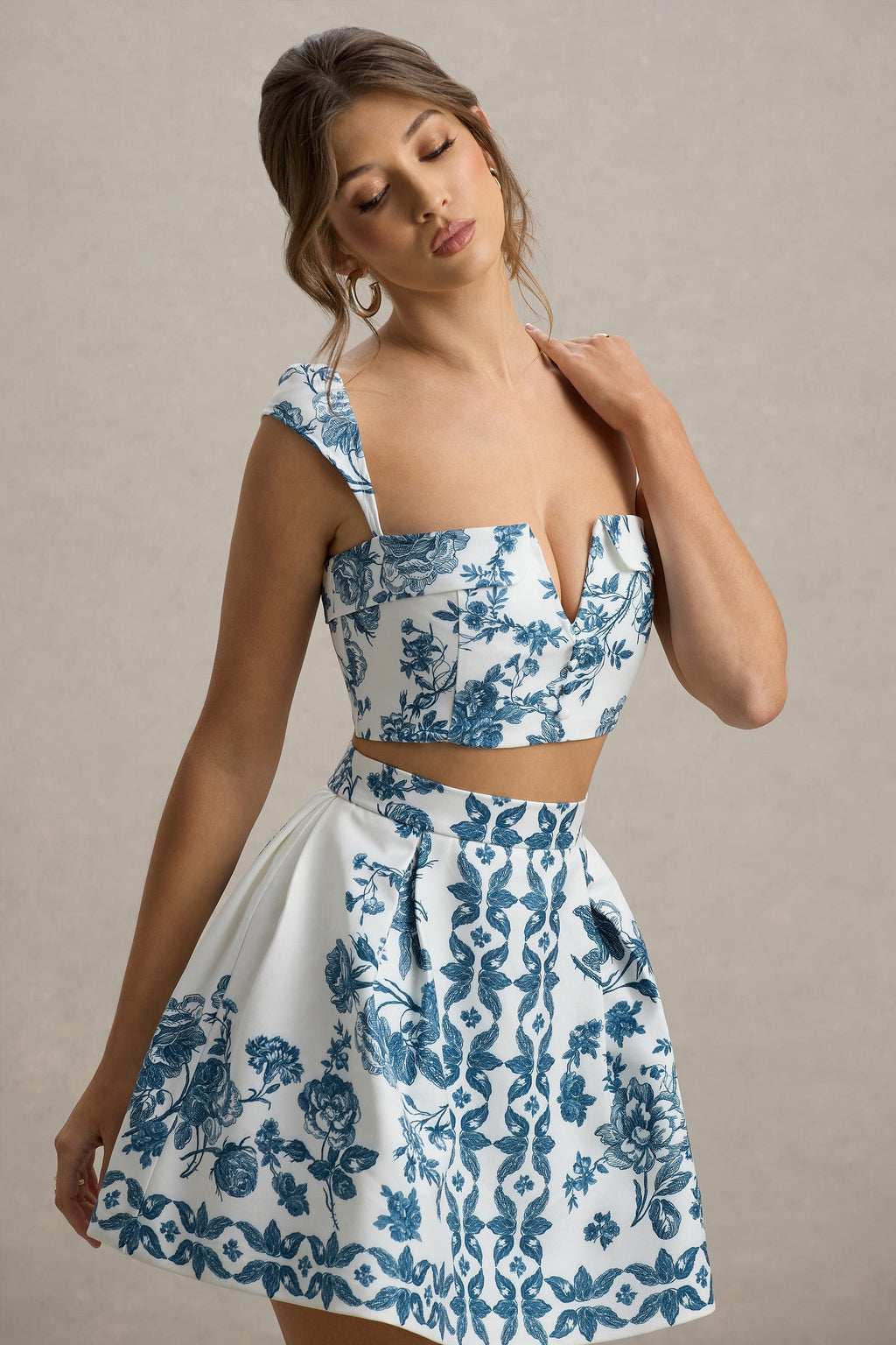 Locklea | Blue Porcelain Print Notched Crop Top