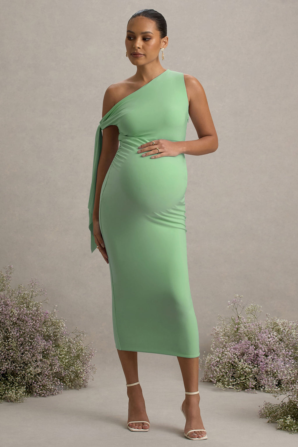 Katarine | Light Green Asymmetric Knot Maternity Midi Dress