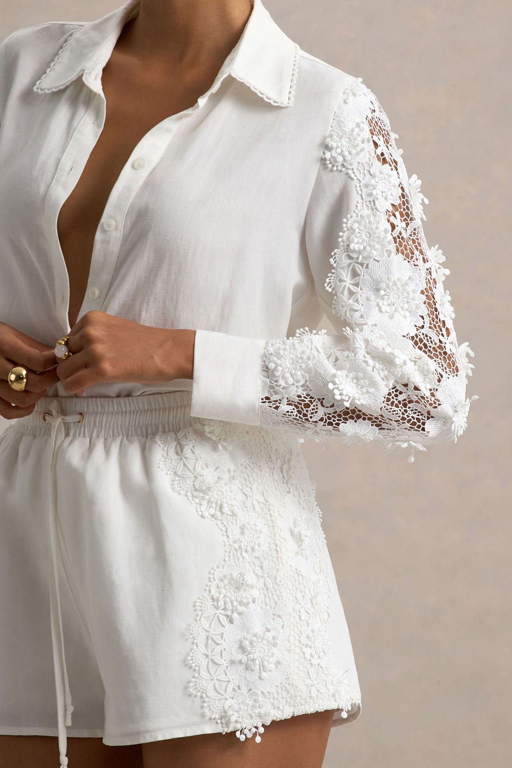 Coconut | Ecru Linen Button-Up Shirt With Lace Detail