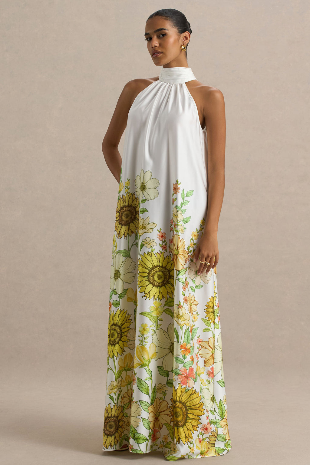 Glide | Sunflower Print Satin High-Neck Slip Maxi Dress