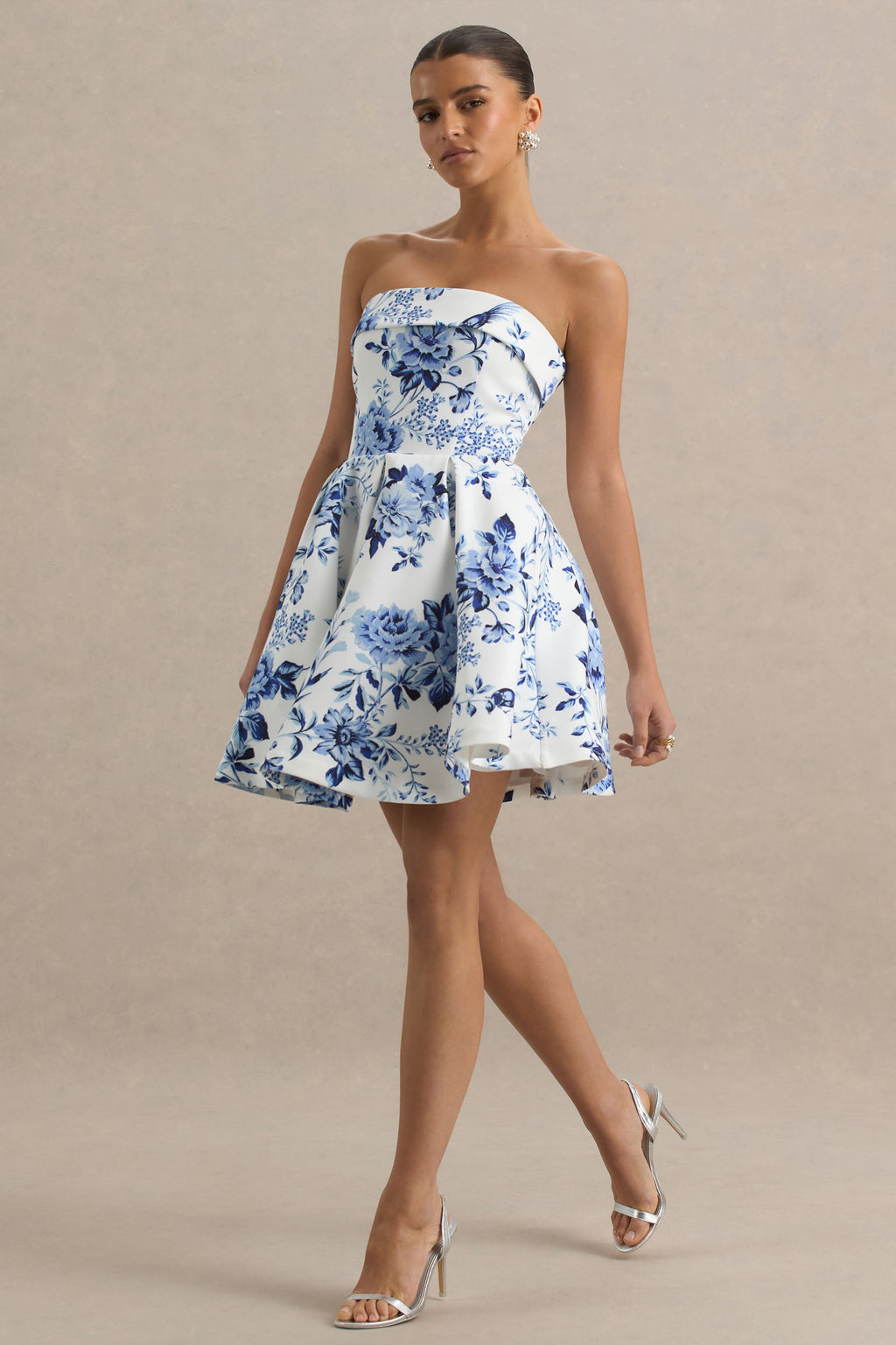 Fiorenza | Blue Porcelain Print Bandeau Mini Dress With Volume Skirt