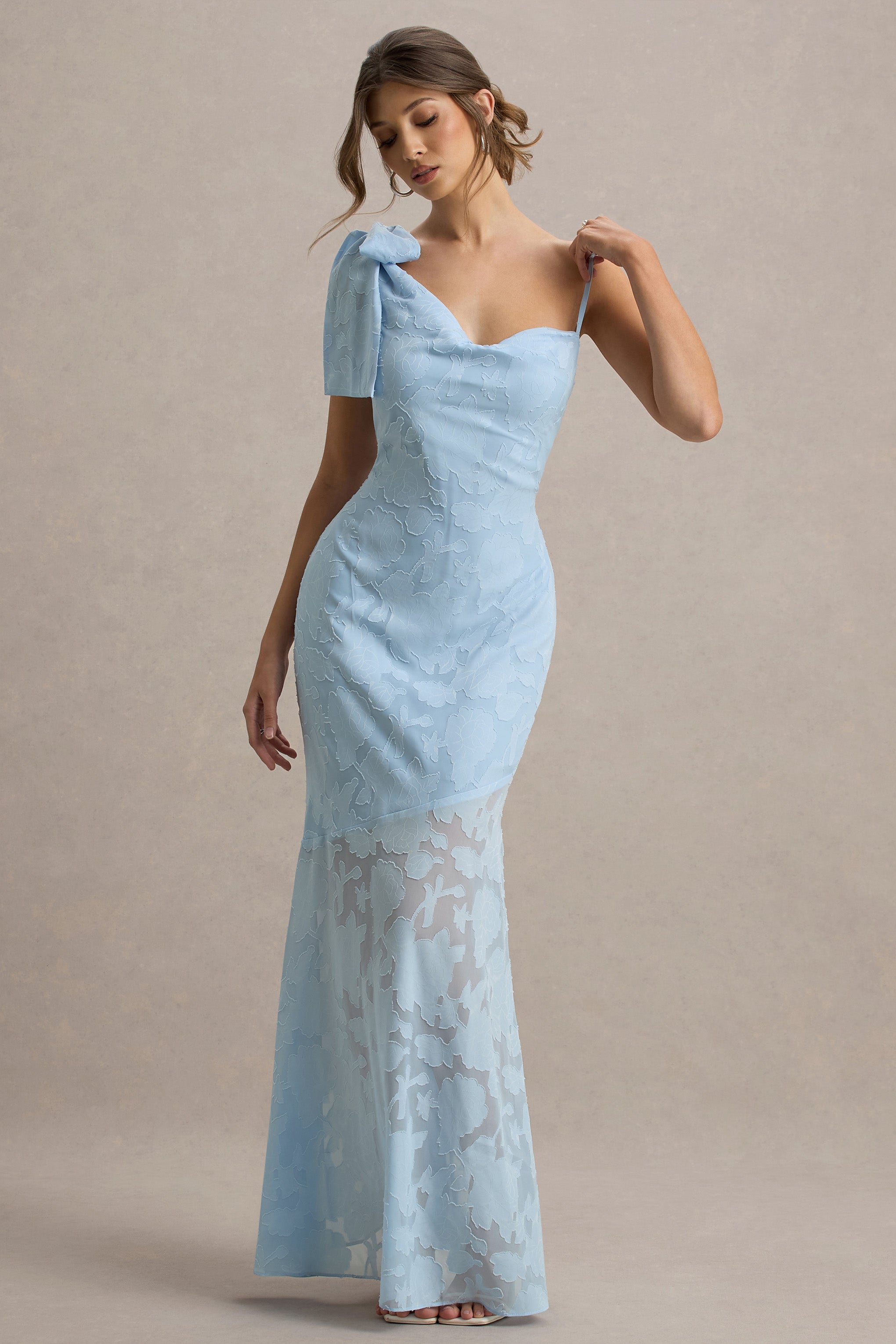 Chyna | Light Blue Cowl-Neck Maxi Dress With Bow Strap