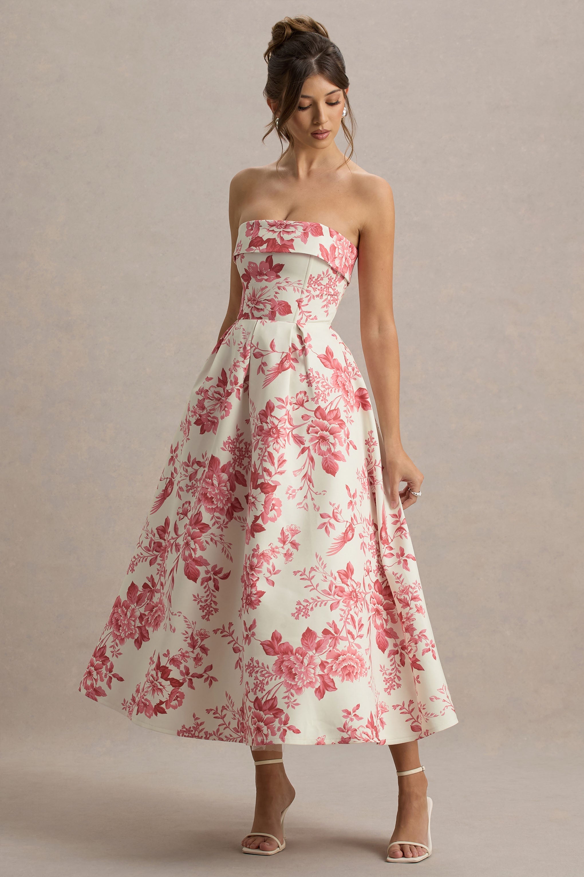 Annalise | Pink Porcelain Print Bandeau Skater Midi Dress