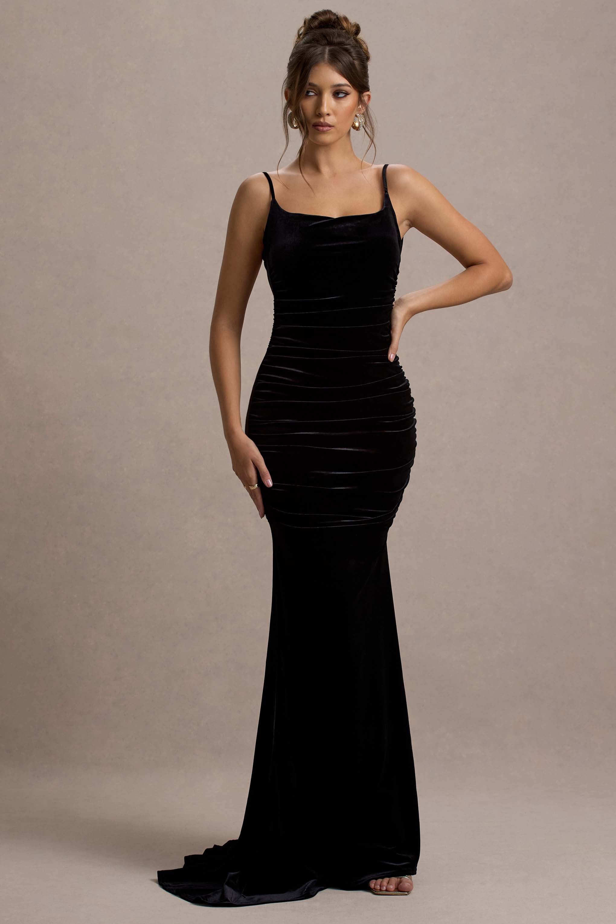 Adele | Black Velvet Ruched Strappy Fishtail Maxi Dress