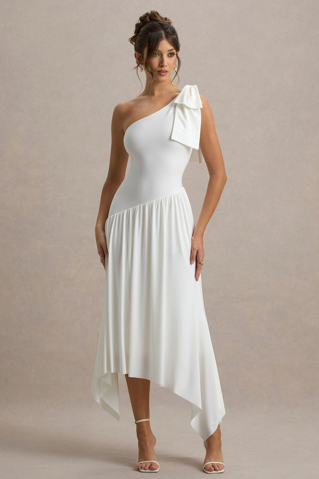 Lotus Love | White One-Shoulder Hanky-Hem Maxi Dress With Bow