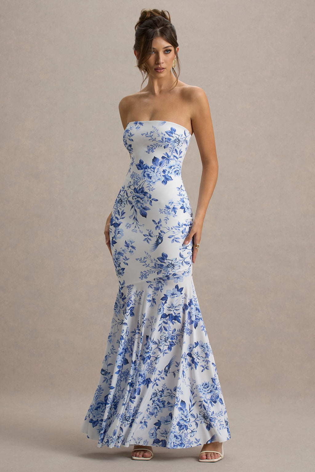 Callie | Blue Porcelain Print Bandeau Fishtail Maxi Dress