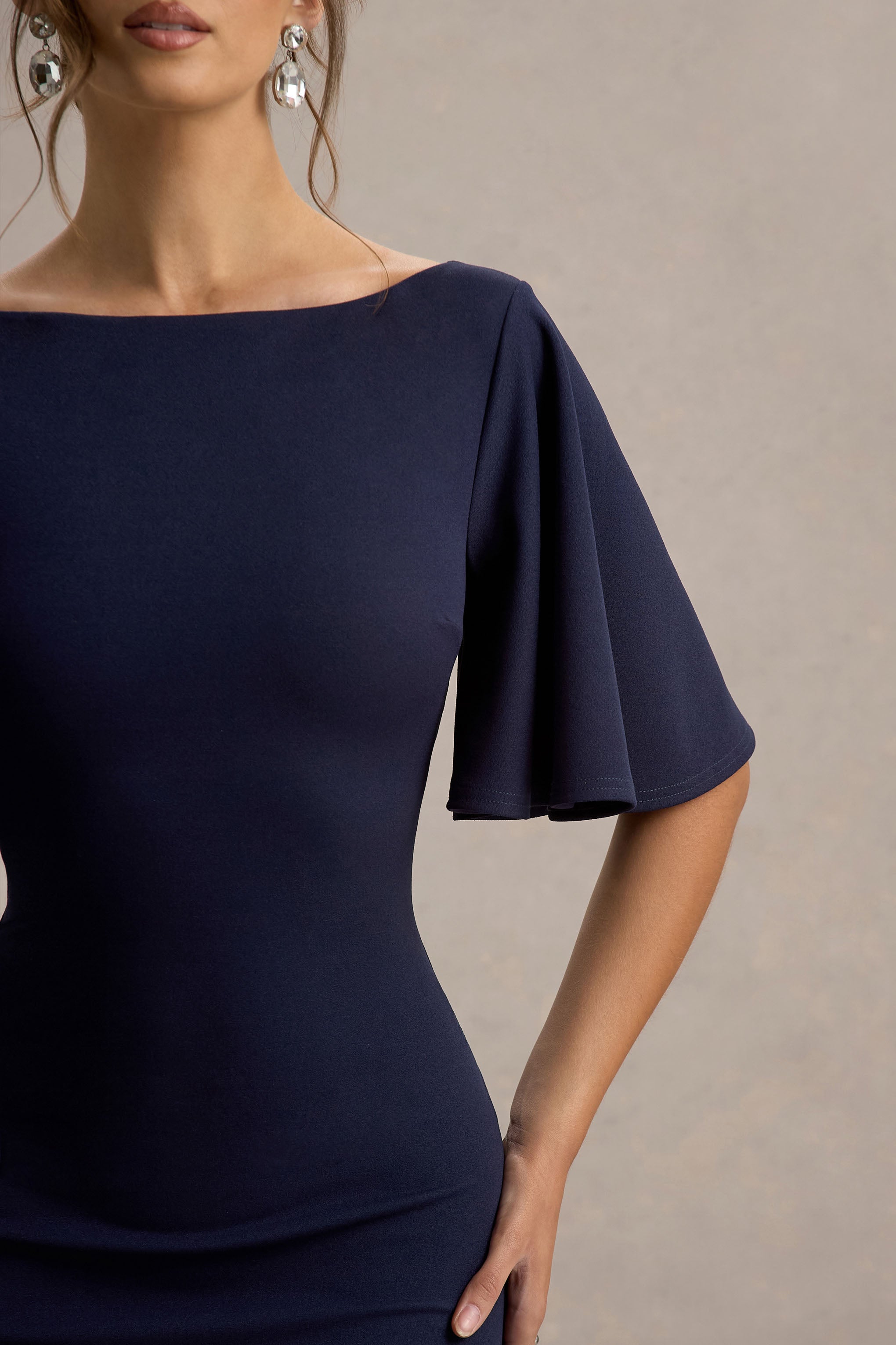 Ashling | Navy Flutter-Sleeve Hanky-Hem Midi Dress