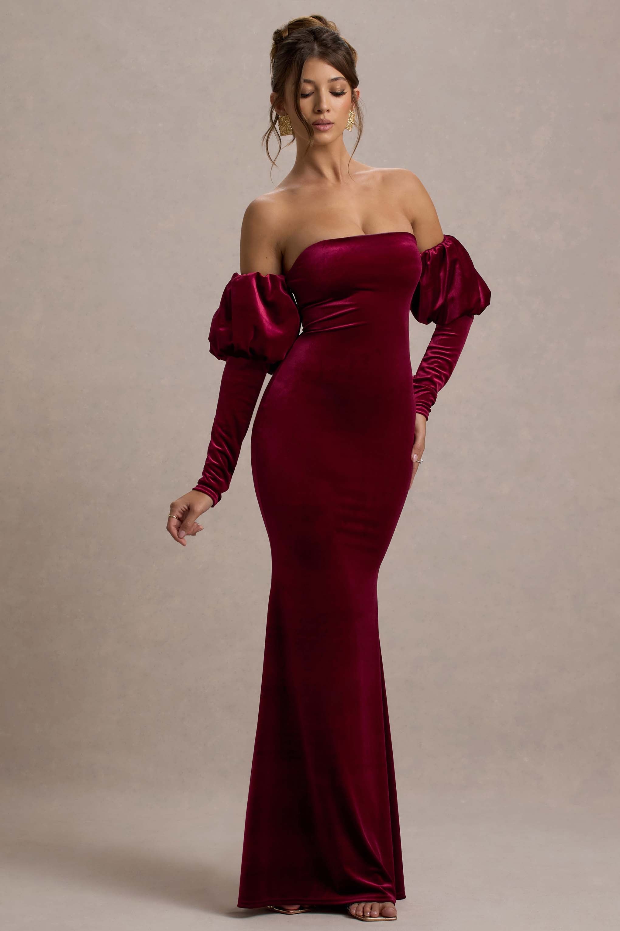 Neoma | Berry Velvet Bardot Puff-Sleeve Maxi Dress