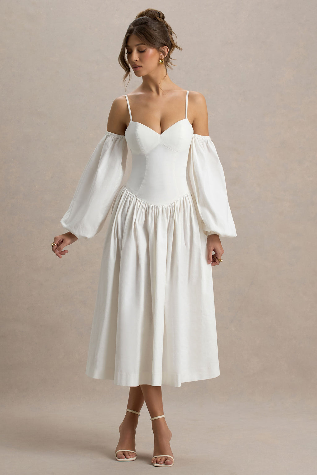 Macie | Cream Sweetheart Midi Dress With Balloon Sleeves