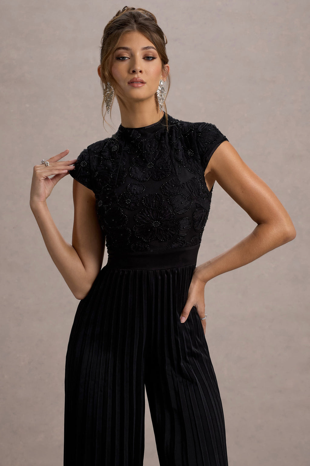 Tanner | Black Cap-Sleeve Plisse Wide-Leg Jumpsuit