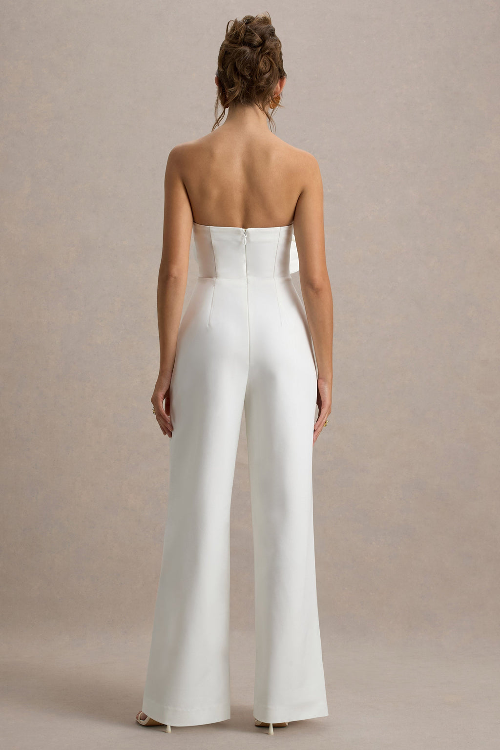 Opia | White Bandeau Wide-Leg Jumpsuit With Large Floral Corsage