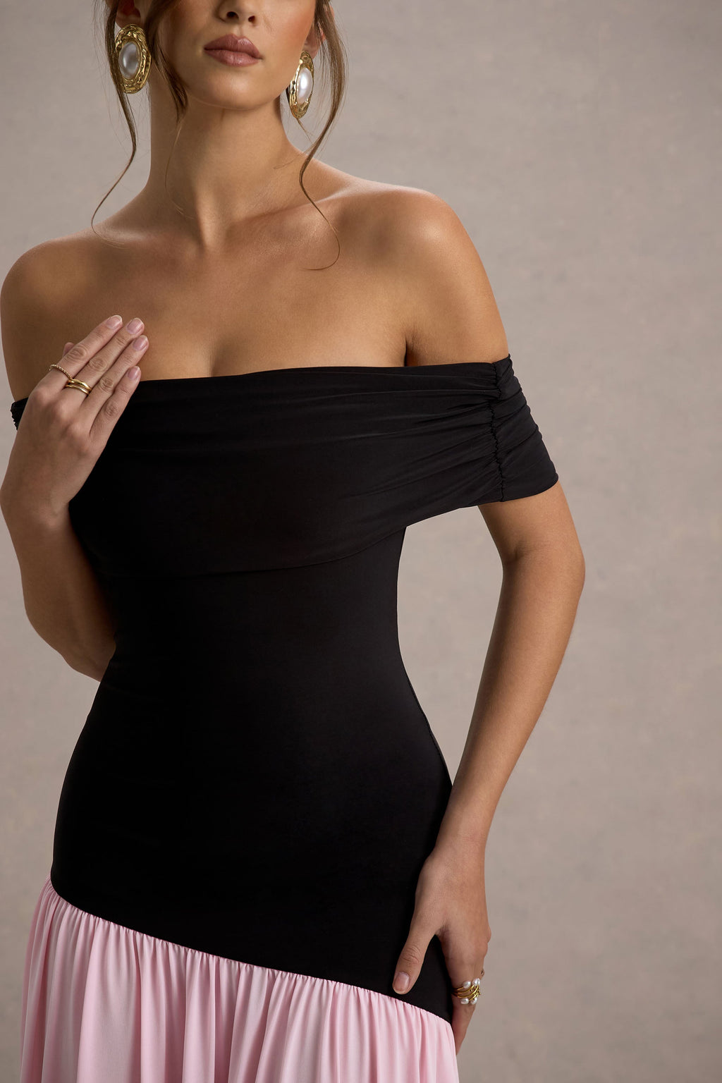 Venezia | Black & Pink Bardot Puff-Skirt Maxi Dress